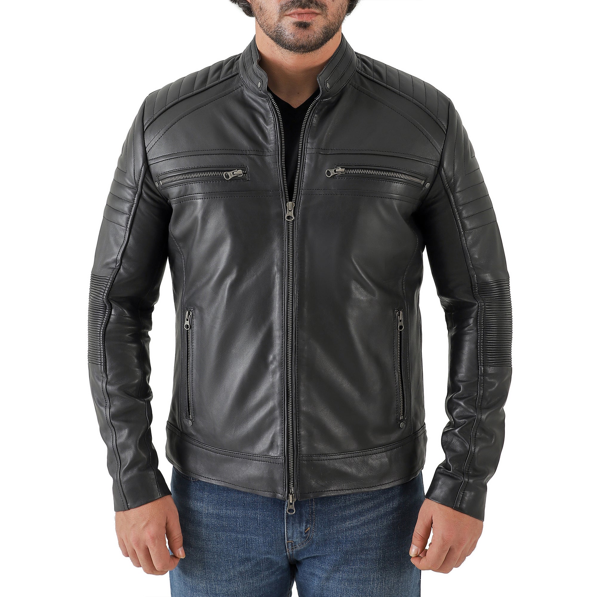 Jild Men's Cafe Racer Biker Leather Jacket
