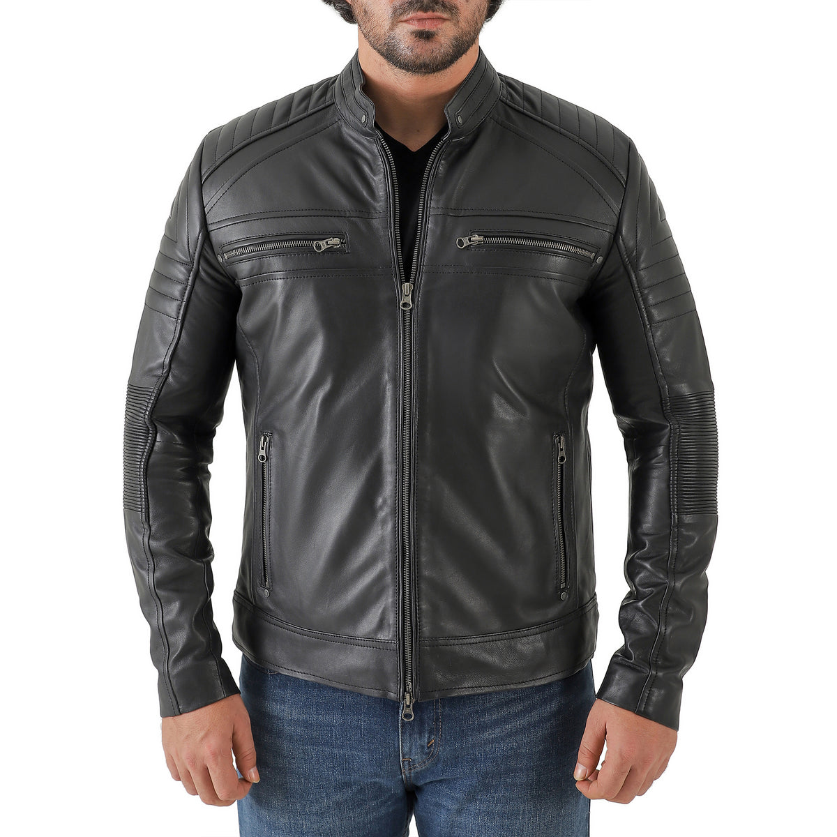 Jild Men's Cafe Racer Biker Leather Jacket