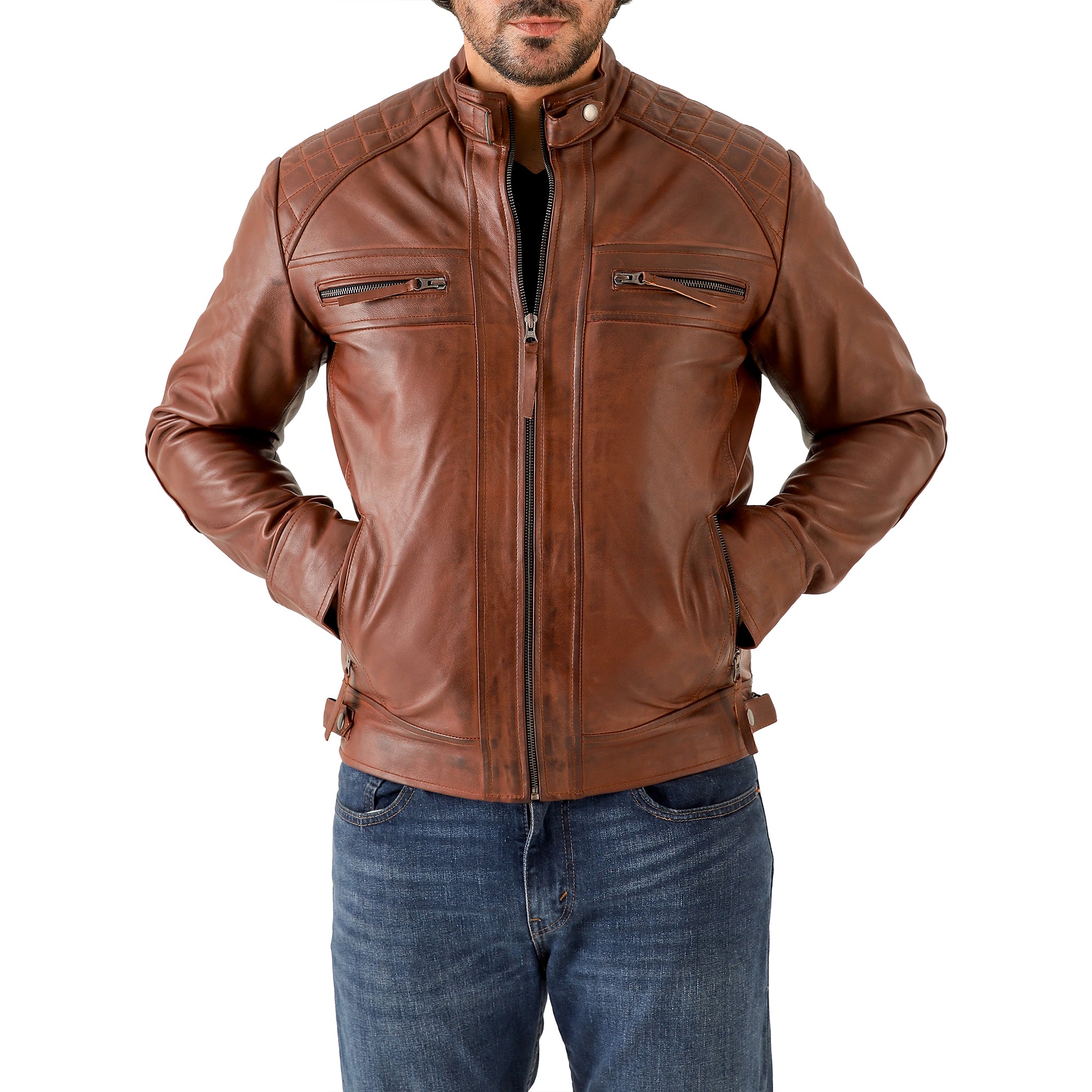 Men’s Vintage Brown Diamond Lambskin Waxed Leather Biker Jacket