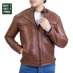Buy 1 Get 1 Free-Diamond Handwaxed Mens Leather Jacket-Cognac