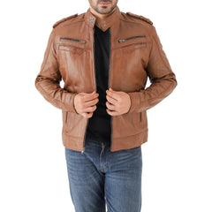 Men’s Leather Biker Jacket – Vintage Shoulder Epaulettes