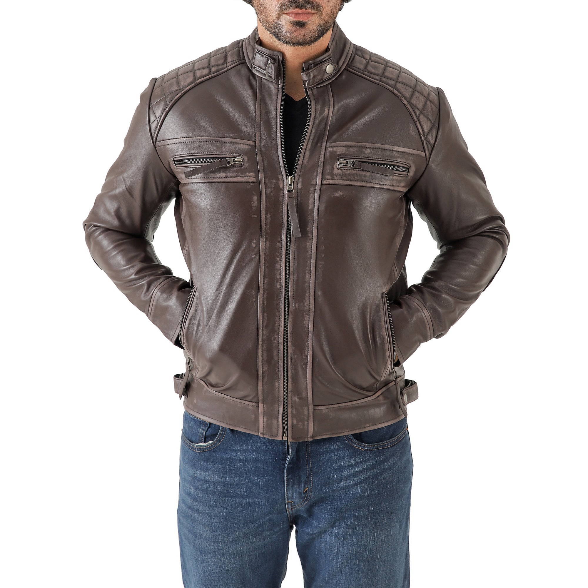Men’s Vintage Brown Diamond Lambskin Waxed Leather Biker Jacket