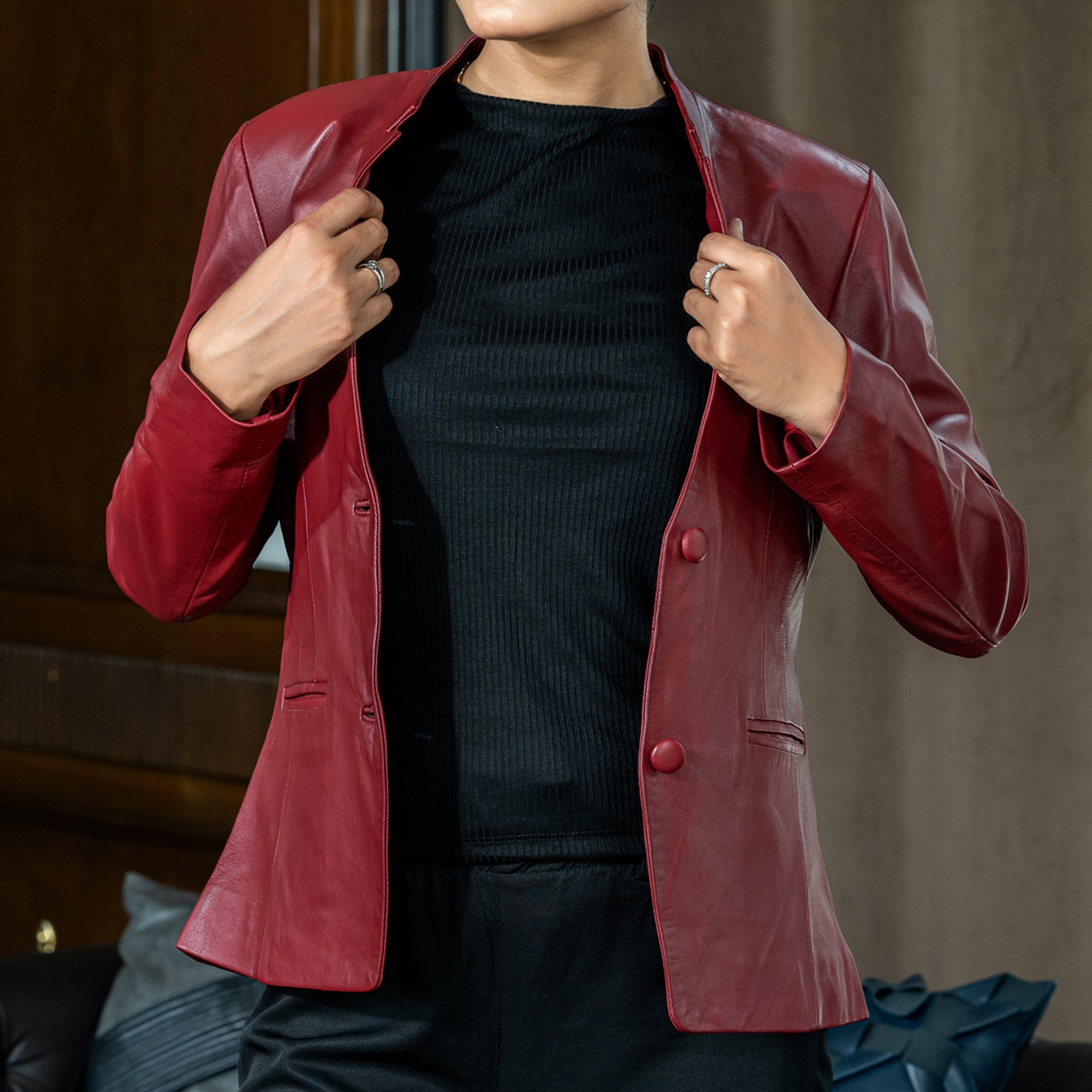 Mandarin Collar Genuine Leather Womens Coat