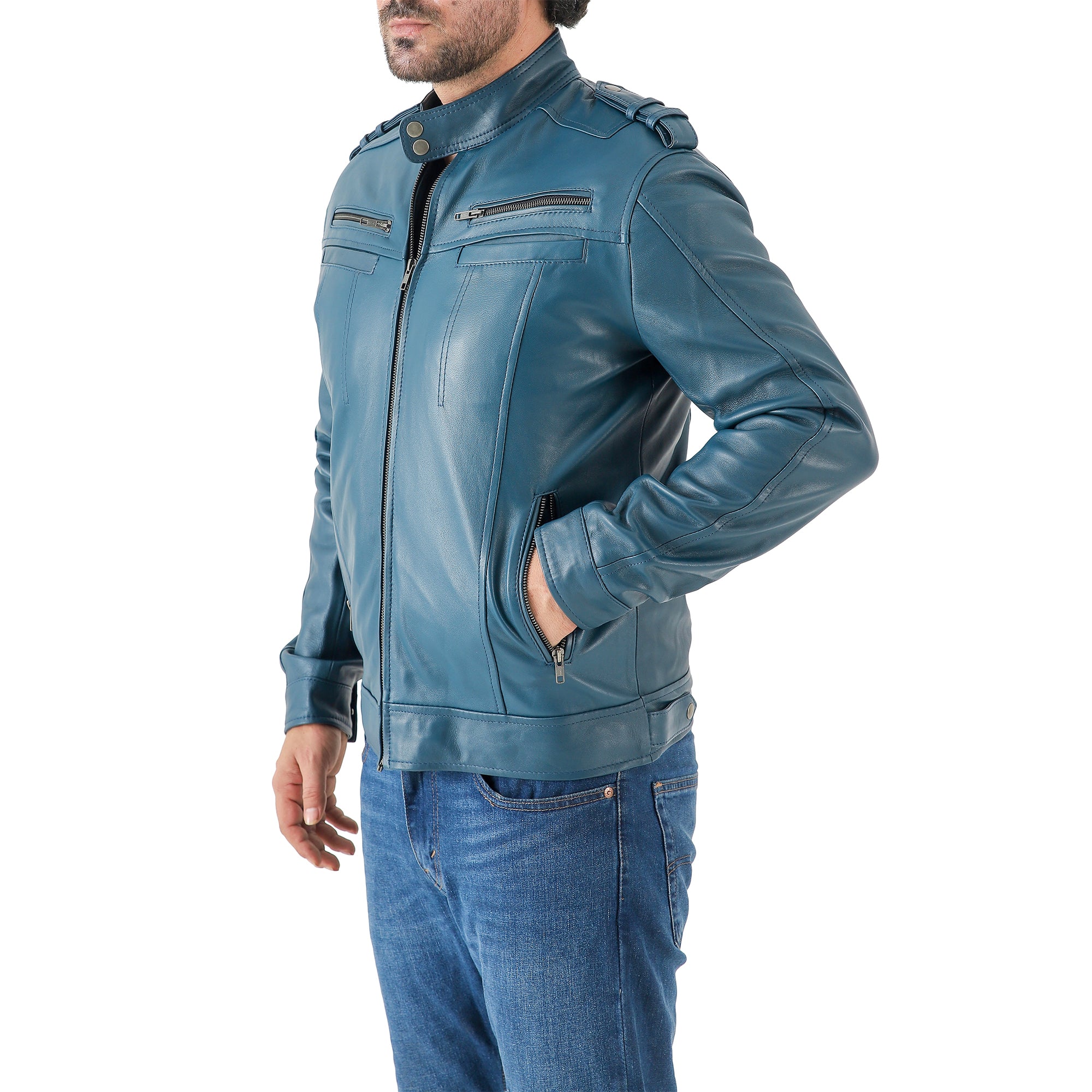 Men’s Leather Biker Jacket – Vintage Shoulder Epaulettes