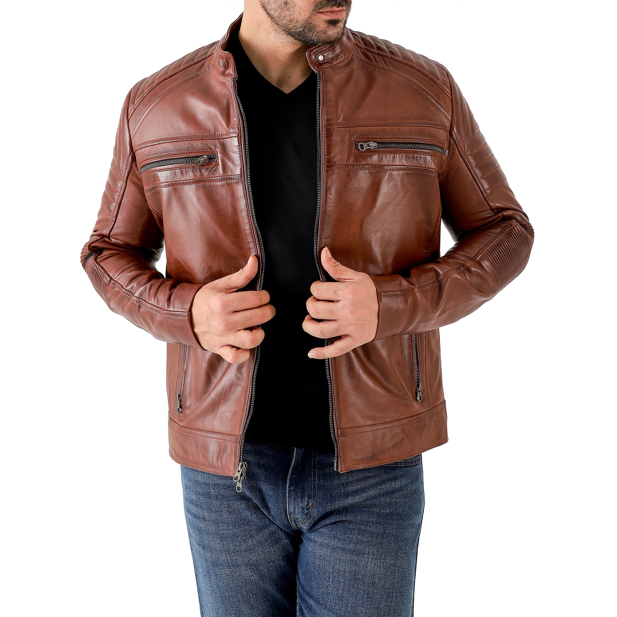 Jild Men's Cafe Racer Biker Leather Jacket