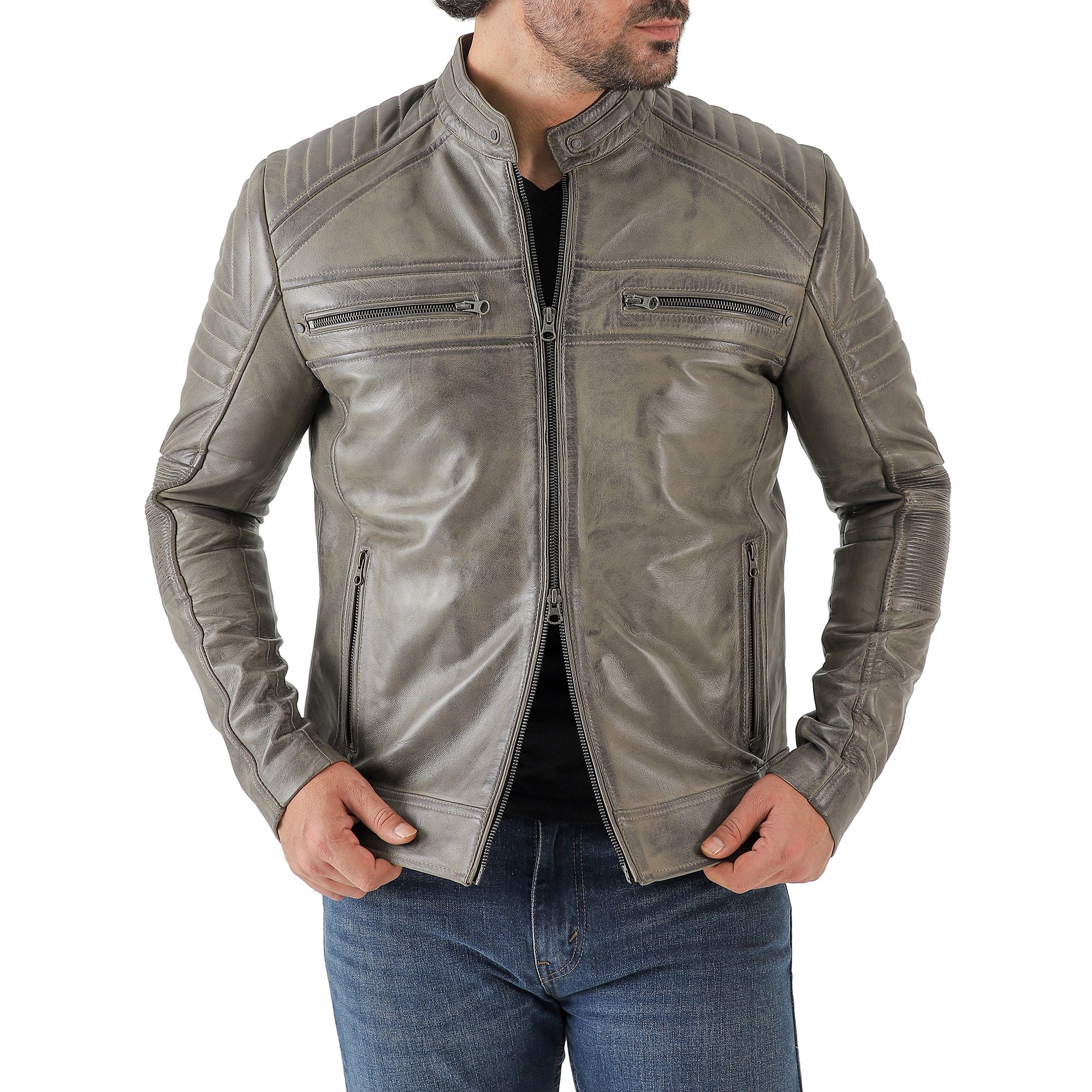 Jild Men's Cafe Racer Biker Leather Jacket