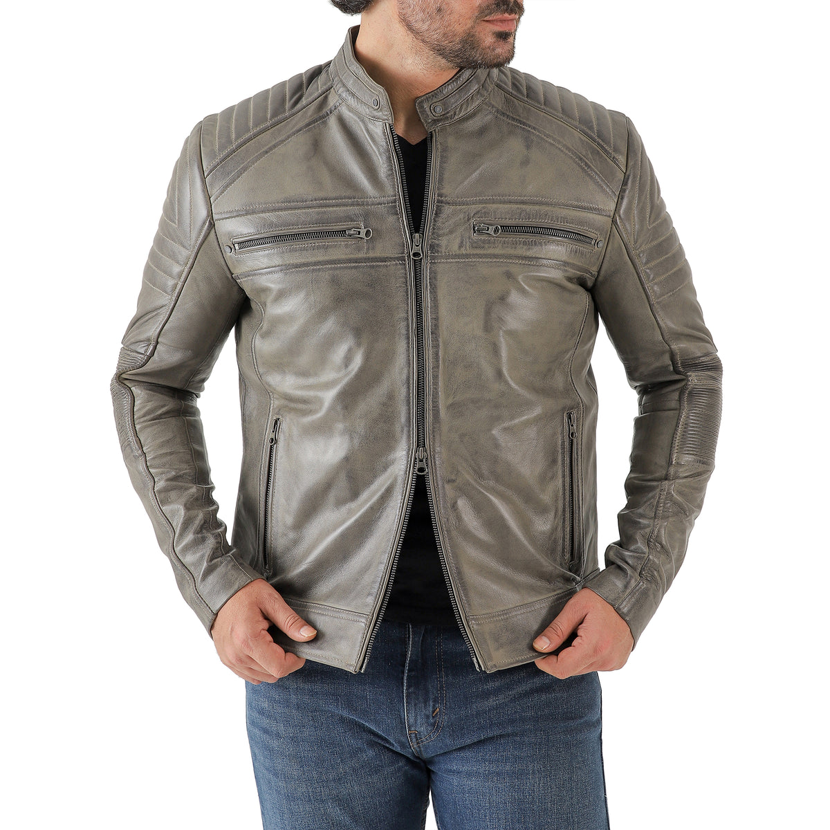 Jild Men's Cafe Racer Biker Leather Jacket