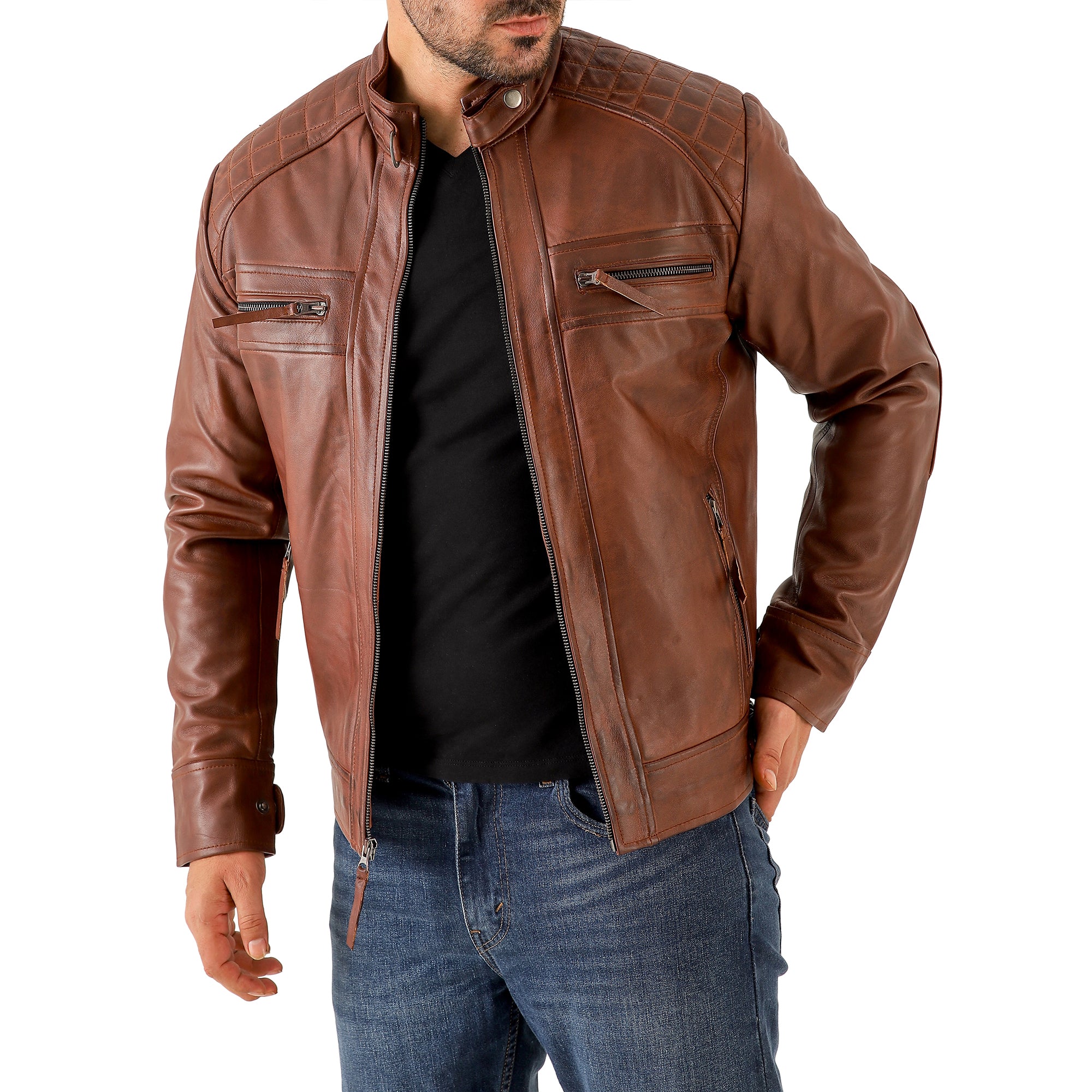 Men’s Vintage Brown Diamond Lambskin Waxed Leather Biker Jacket