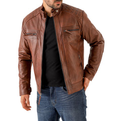 Men’s Vintage Brown Diamond Lambskin Waxed Leather Biker Jacket