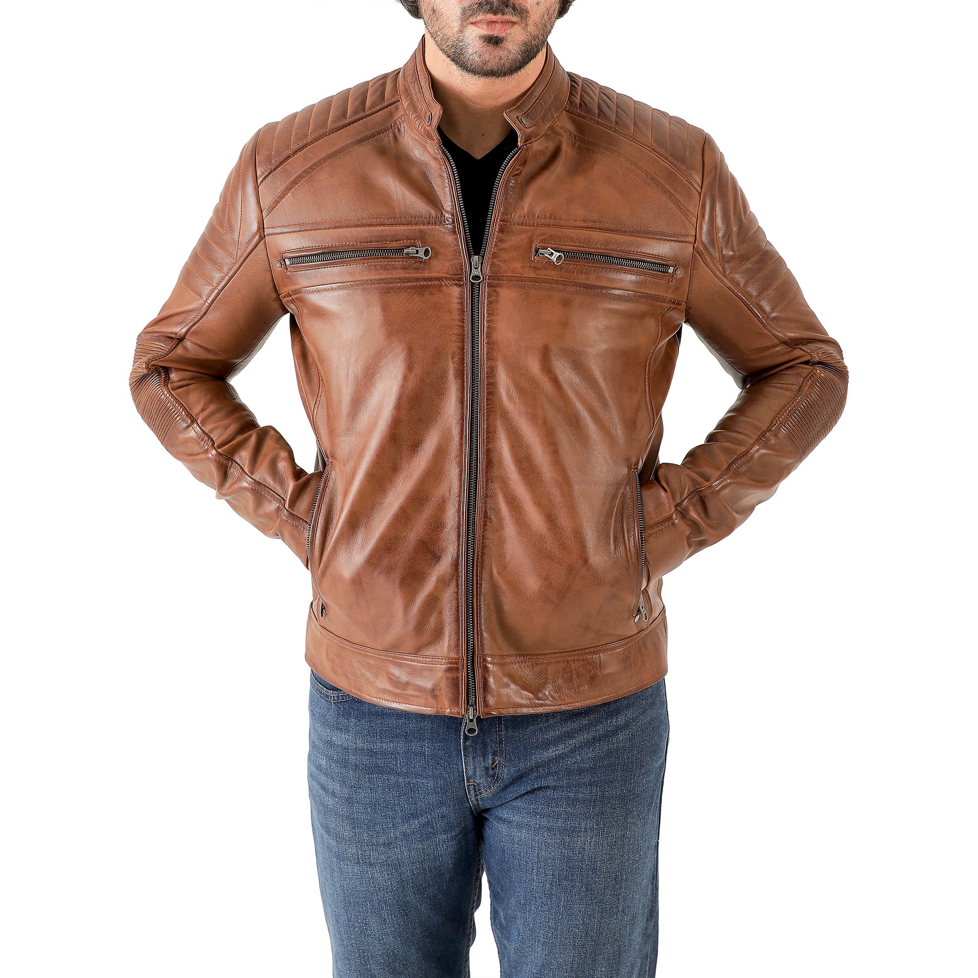 Jild Men's Cafe Racer Biker Leather Jacket