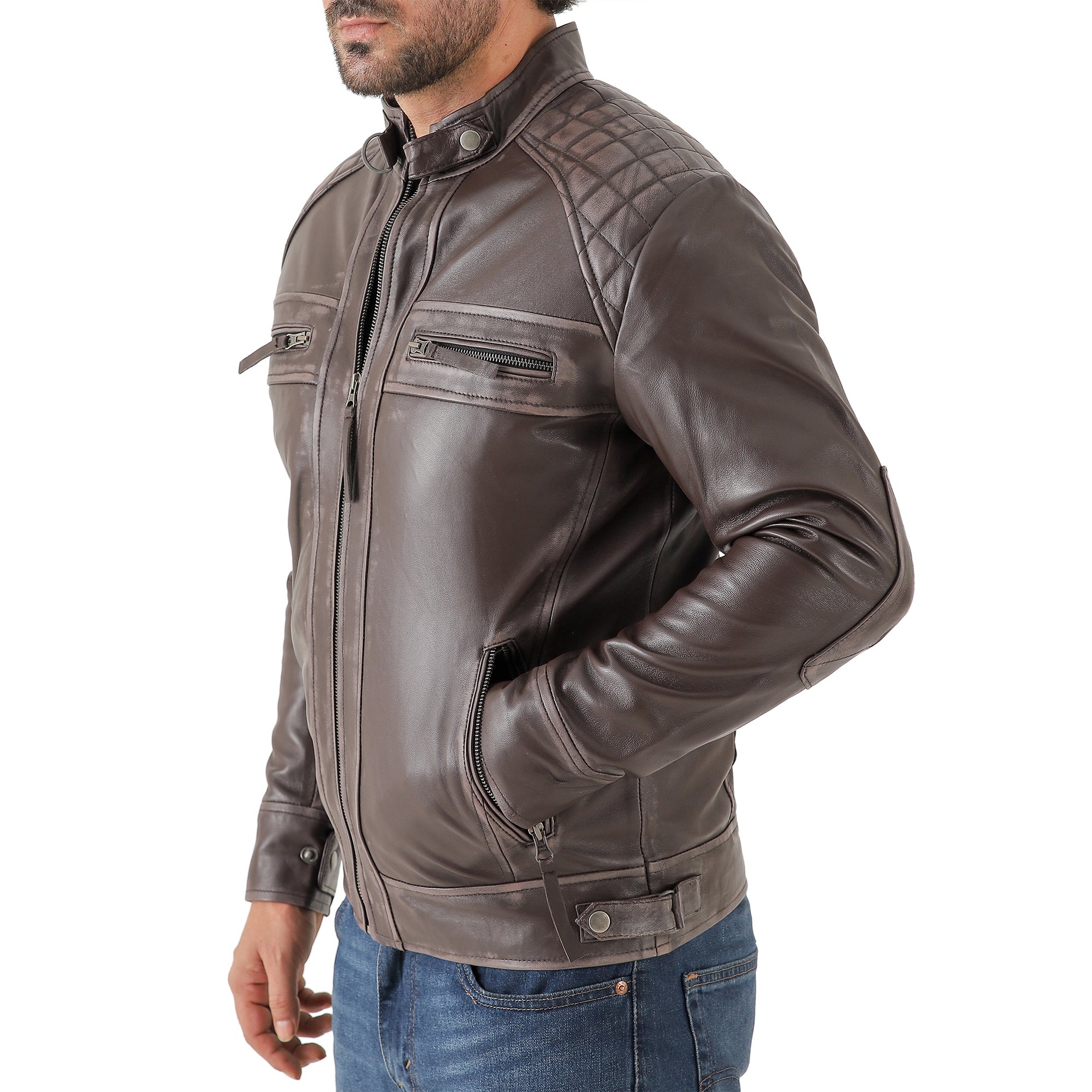 Men’s Vintage Brown Diamond Lambskin Waxed Leather Biker Jacket