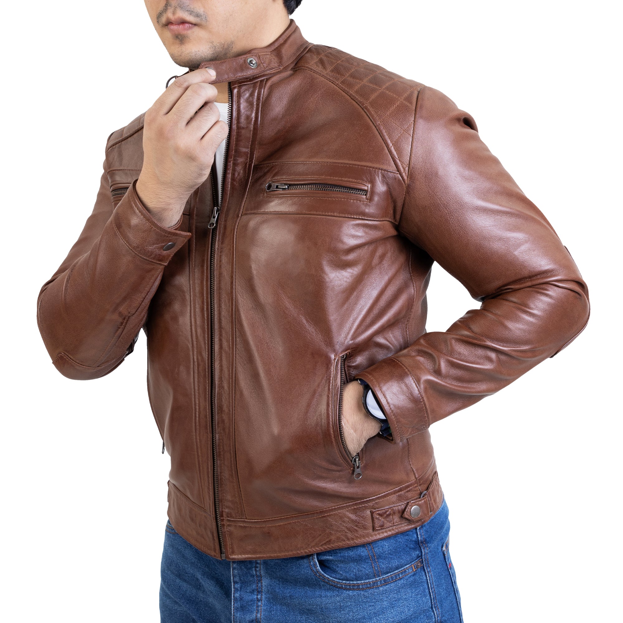 Buy 1 Get 1 Free-Diamond Handwaxed Mens Leather Jacket-Cognac