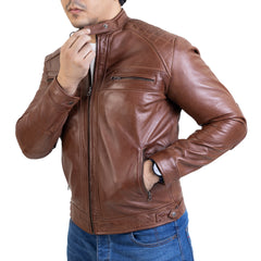 Buy 1 Get 1 Free-Diamond Handwaxed Mens Leather Jacket-Cognac