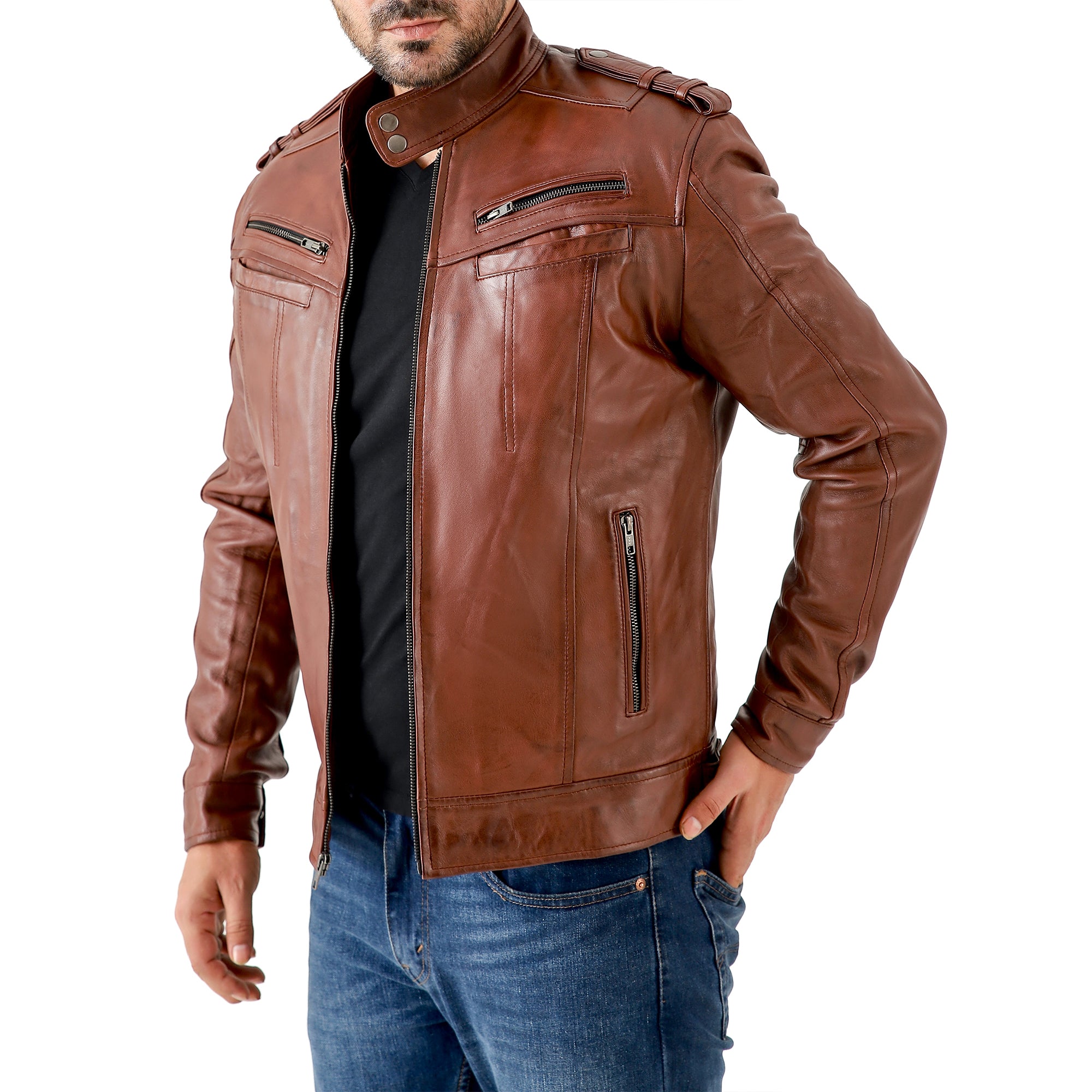 Men’s Leather Biker Jacket – Vintage Shoulder Epaulettes