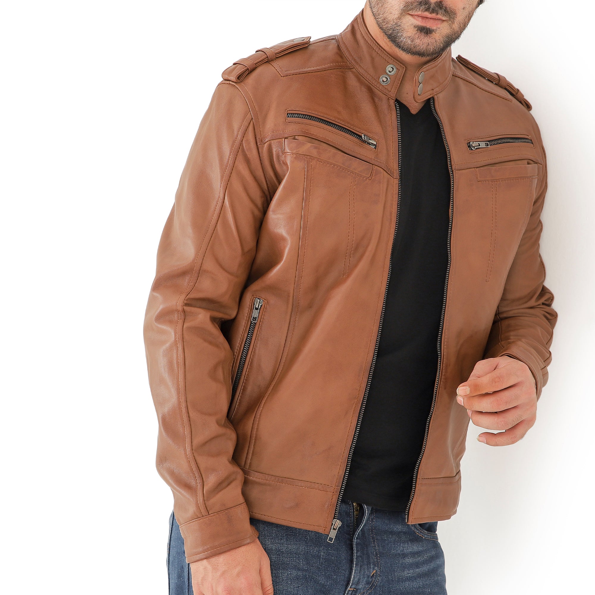 Men’s Leather Biker Jacket – Vintage Shoulder Epaulettes