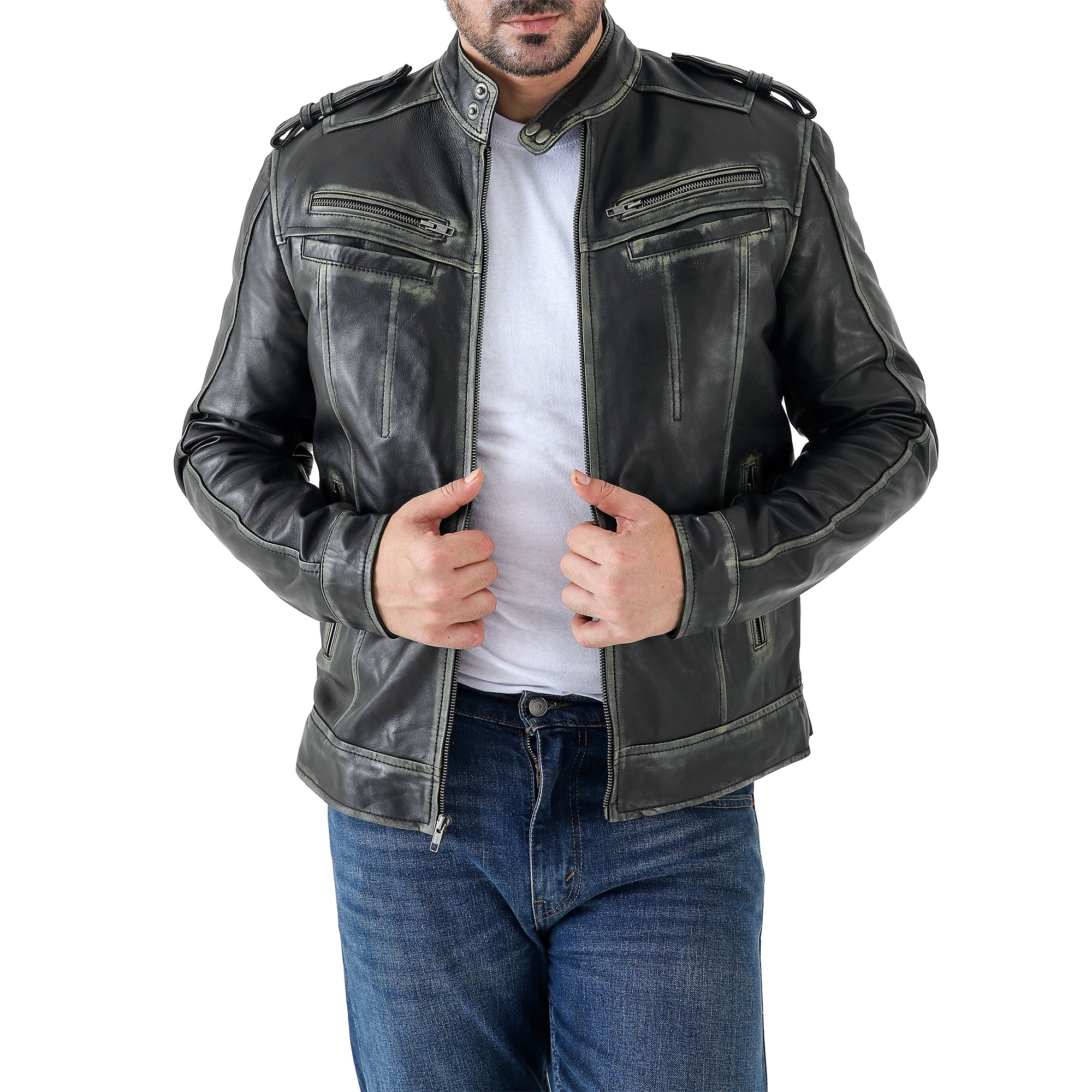 Men’s Leather Biker Jacket – Vintage Shoulder Epaulettes
