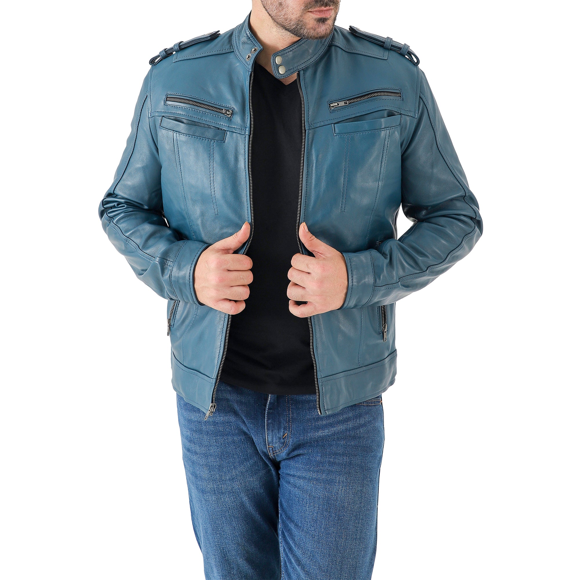 Men’s Leather Biker Jacket – Vintage Shoulder Epaulettes