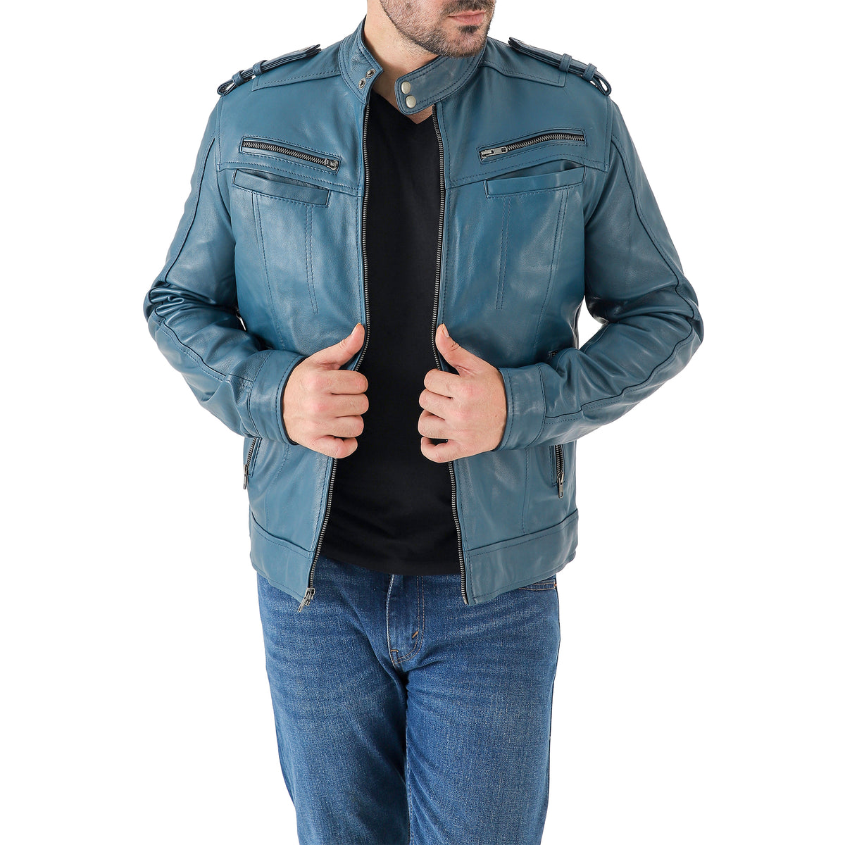 Men’s Leather Biker Jacket – Vintage Shoulder Epaulette