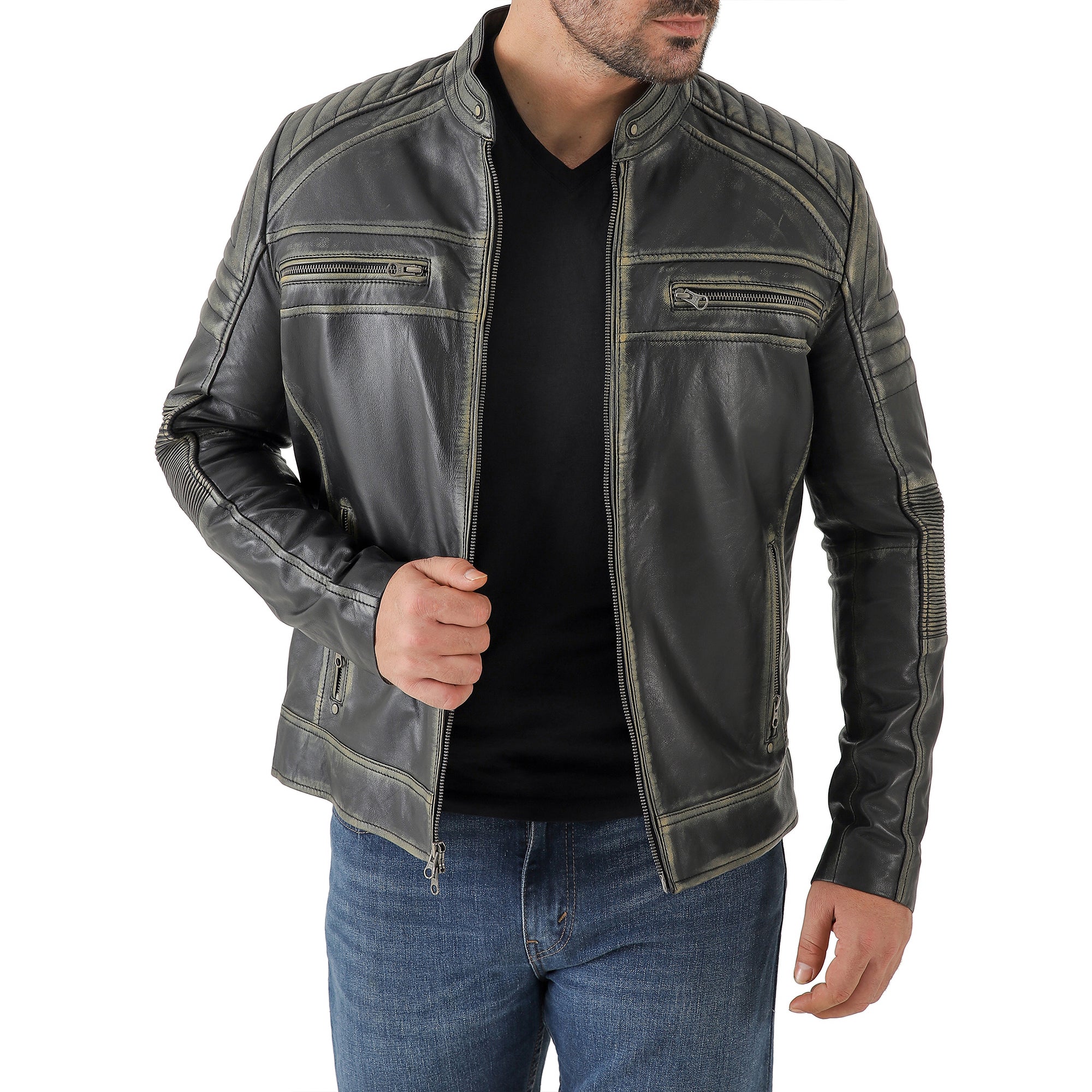 Jild Men's Cafe Racer Biker Leather Jacket