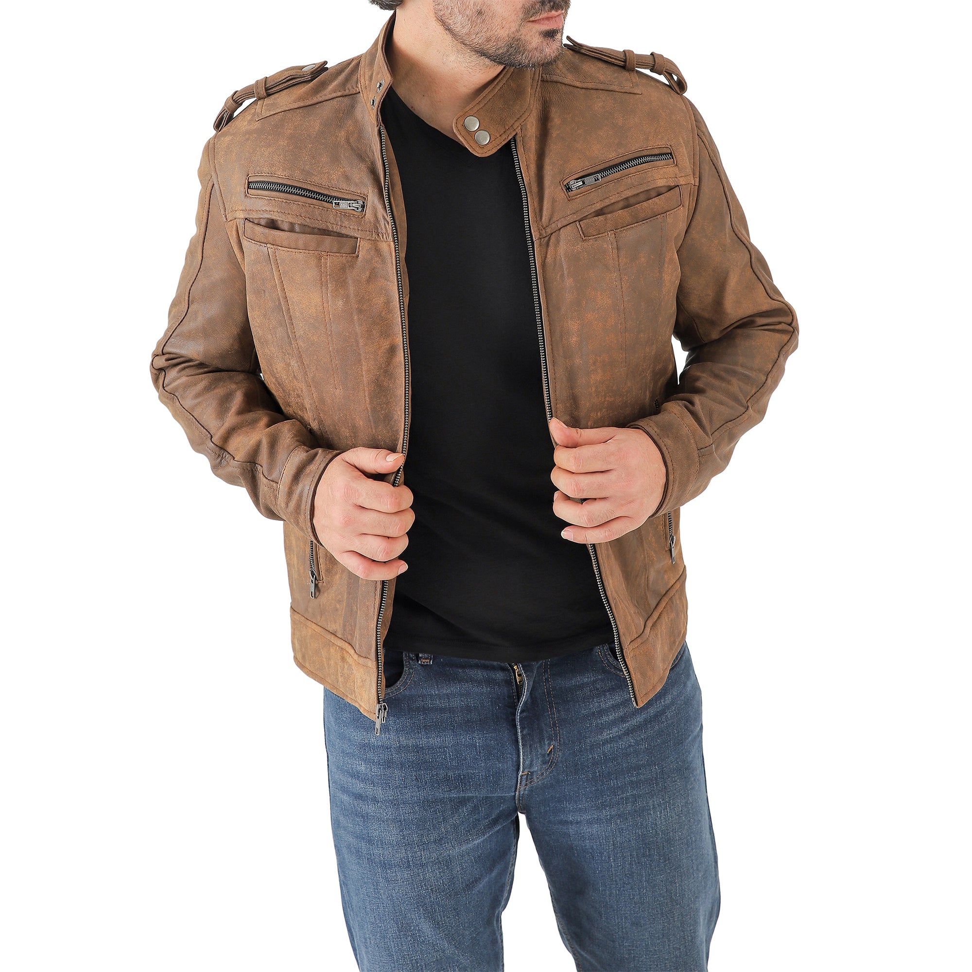 Men’s Leather Biker Jacket – Vintage Shoulder Epaulettes