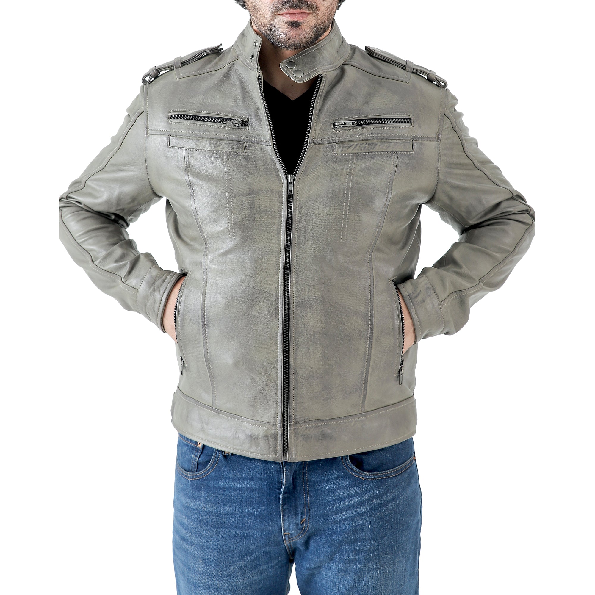 Men’s Leather Biker Jacket – Vintage Shoulder Epaulettes