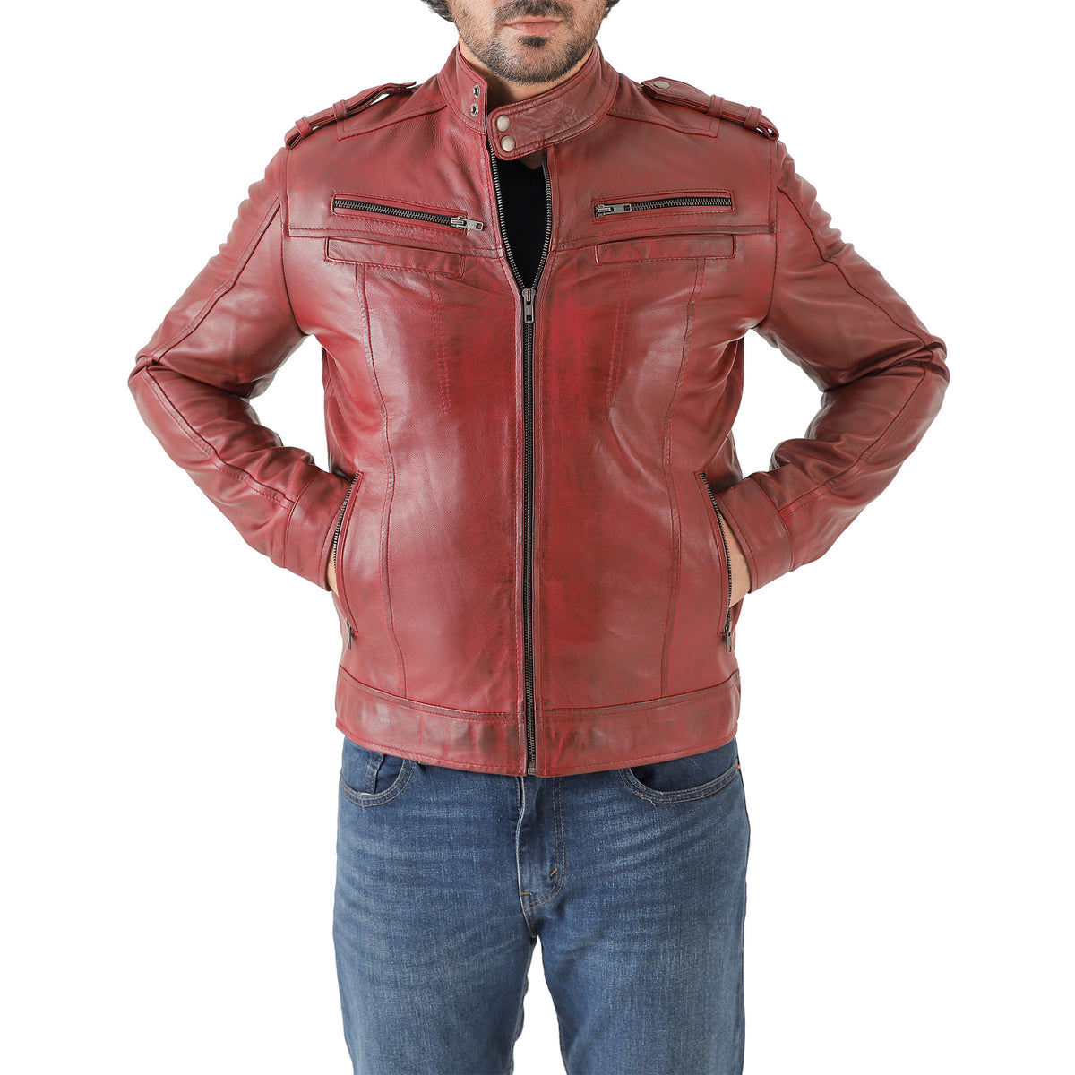 Men’s Leather Biker Jacket – Vintage Shoulder Epaulette