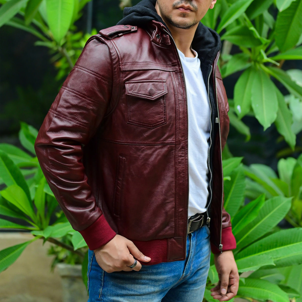 Hooded Leather Bomber Jacket with Removable Hood & Sleeves