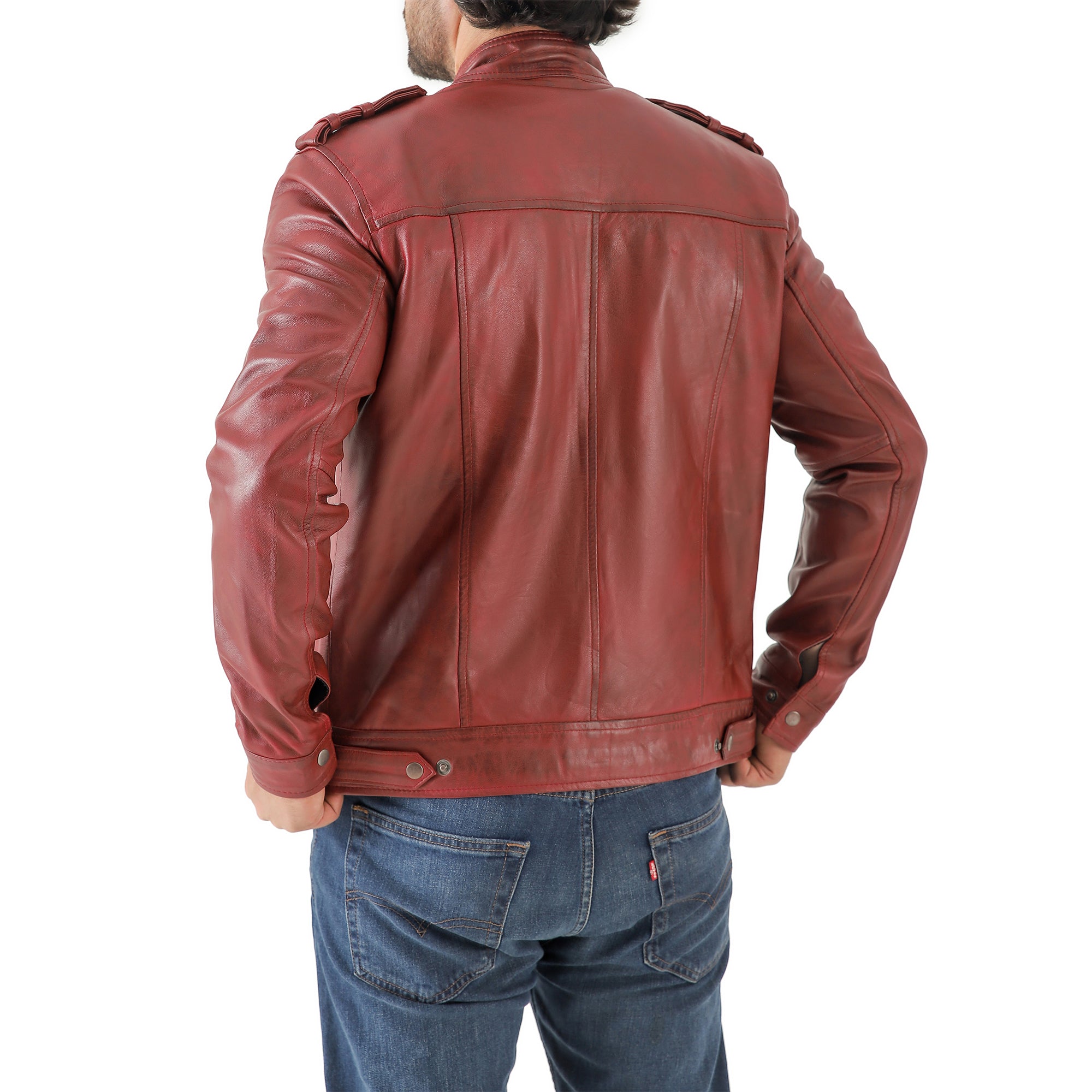 Men’s Leather Biker Jacket – Vintage Shoulder Epaulettes
