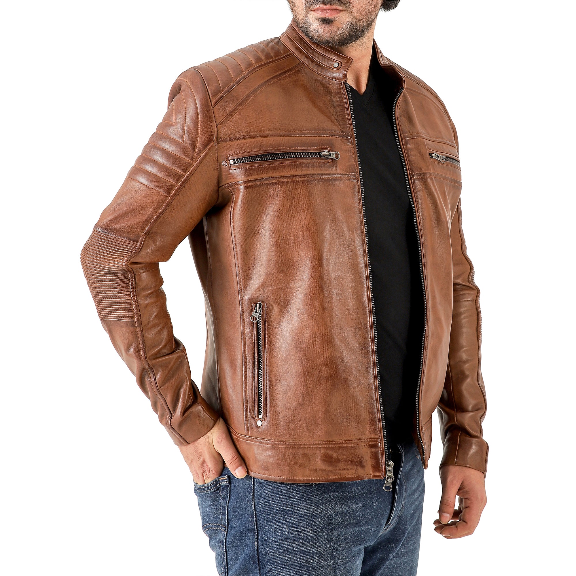 Jild Men's Cafe Racer Biker Leather Jacket