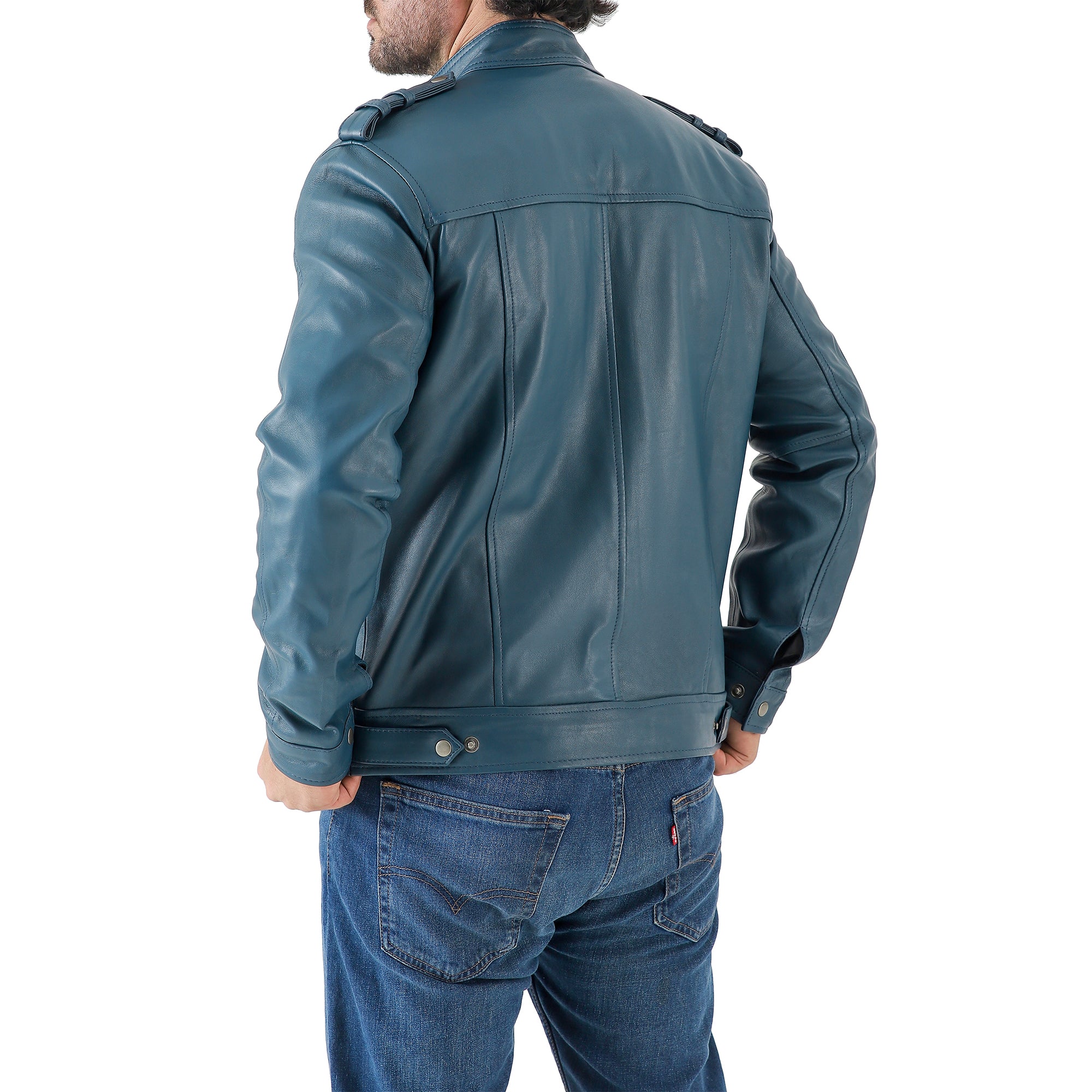 Men’s Leather Biker Jacket – Vintage Shoulder Epaulettes
