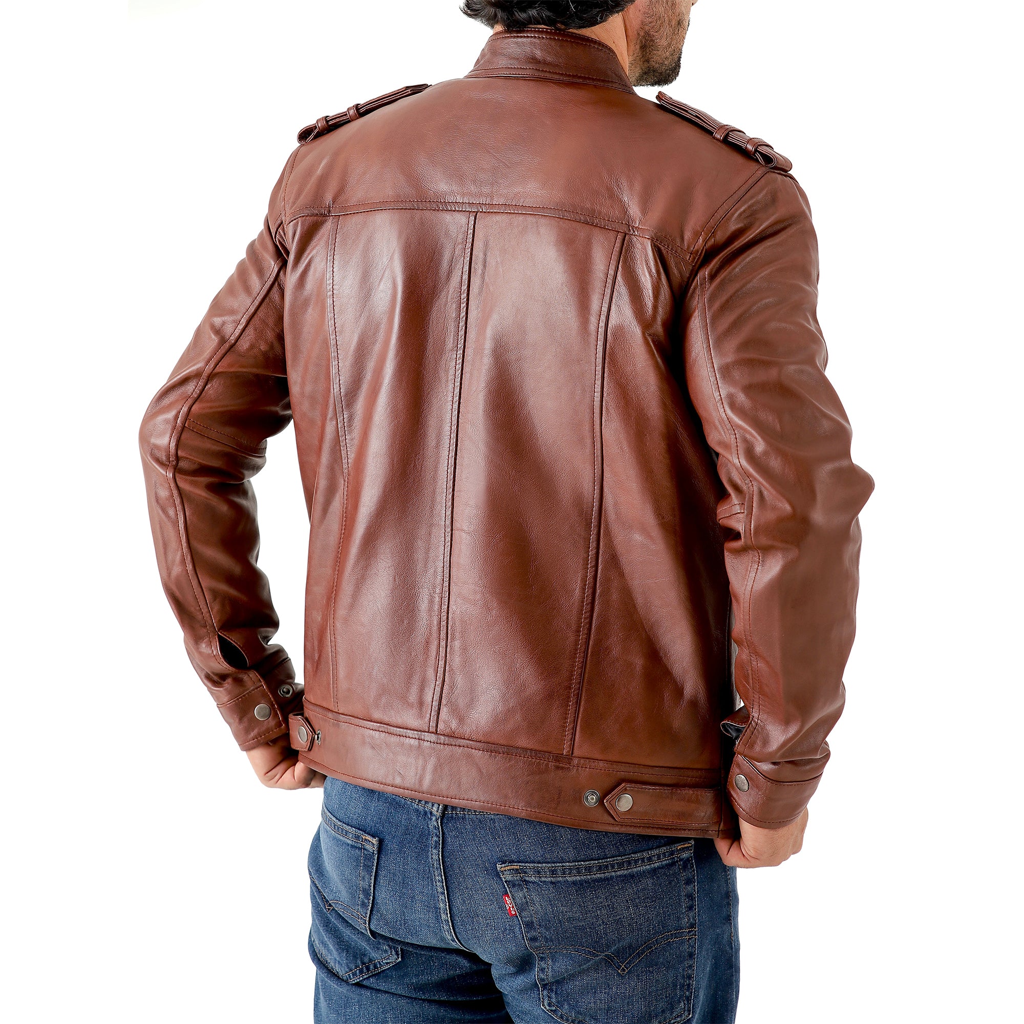 Men’s Leather Biker Jacket – Vintage Shoulder Epaulettes