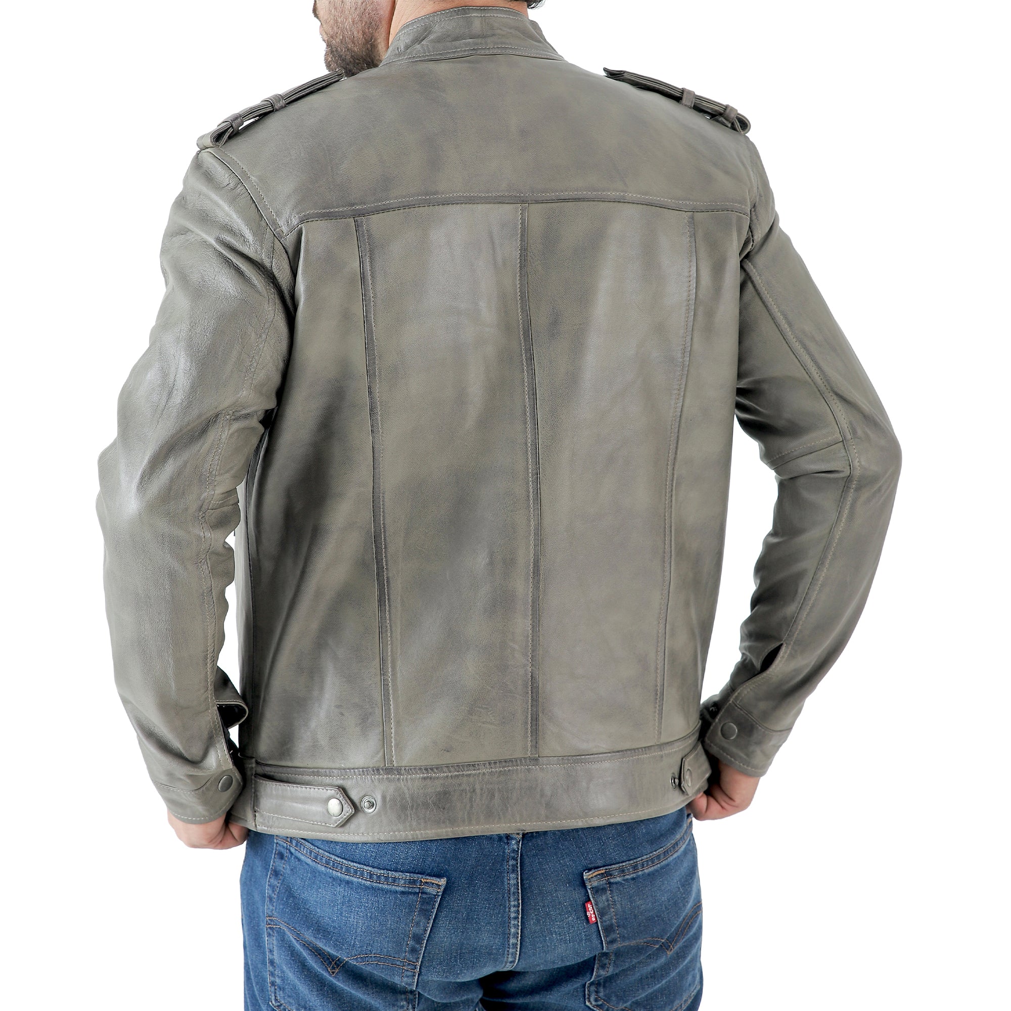 Men’s Leather Biker Jacket – Vintage Shoulder Epaulettes