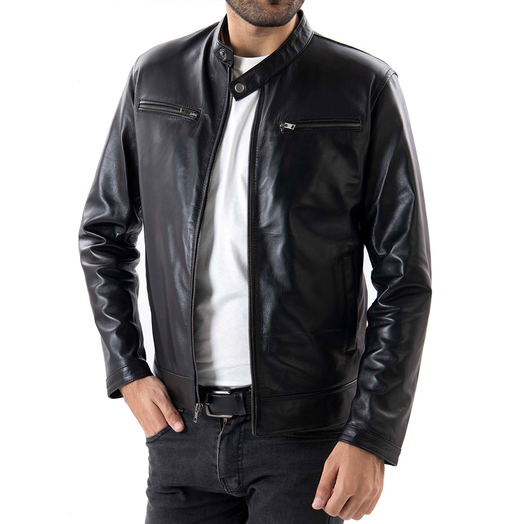 Buy 1 Get 1 Free - Black Mens Pure Sheep Leather Zipper Front Pockets Jacket - Azaadi sale