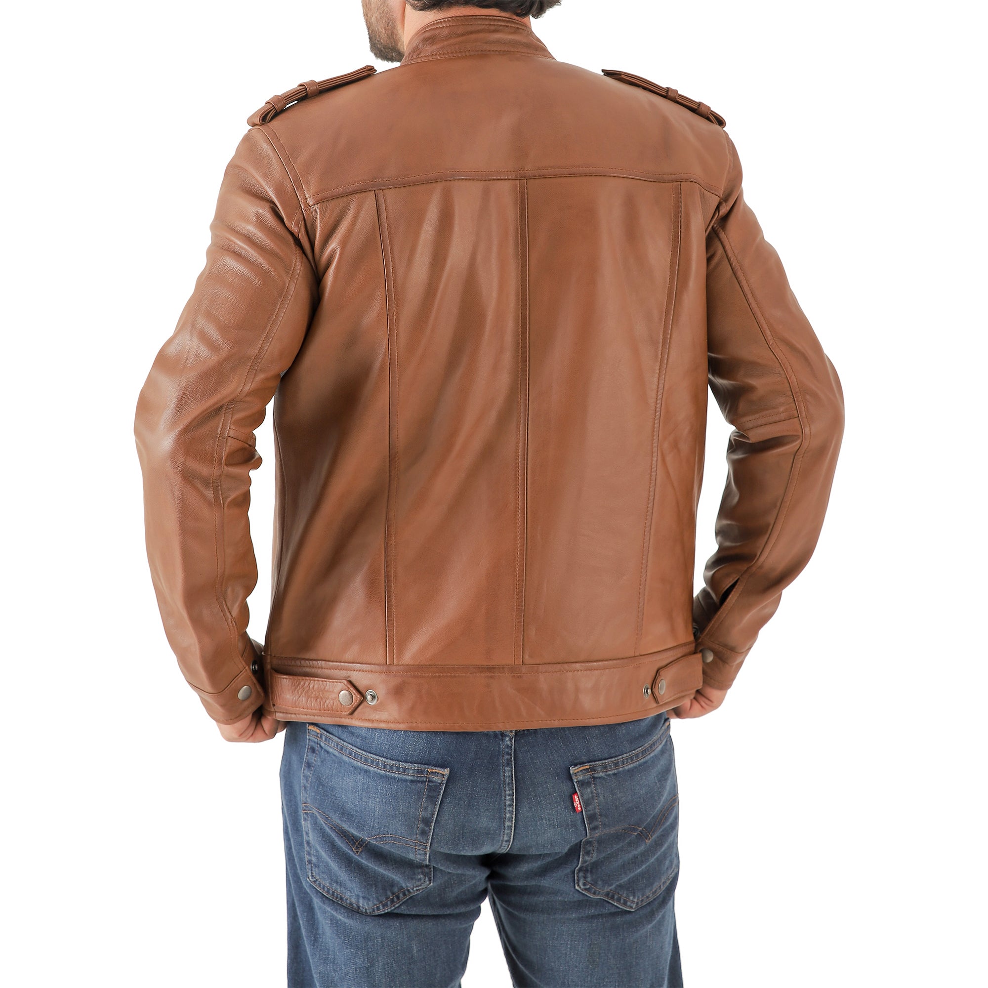 Men’s Leather Biker Jacket – Vintage Shoulder Epaulettes