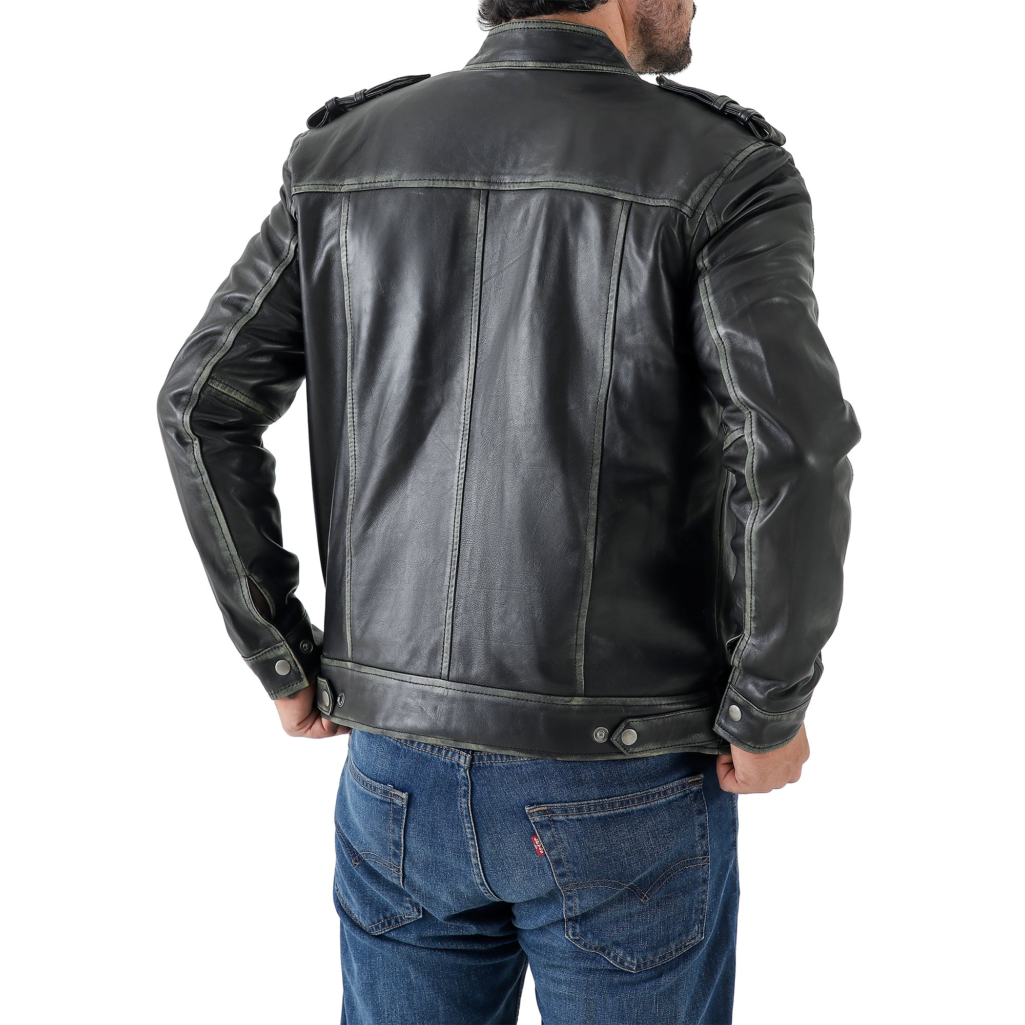 Men’s Leather Biker Jacket – Vintage Shoulder Epaulettes