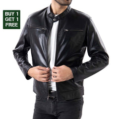 Buy 1 Get 1 Free - Black Mens Pure Sheep Leather Zipper Front Pockets Jacket - Azaadi sale