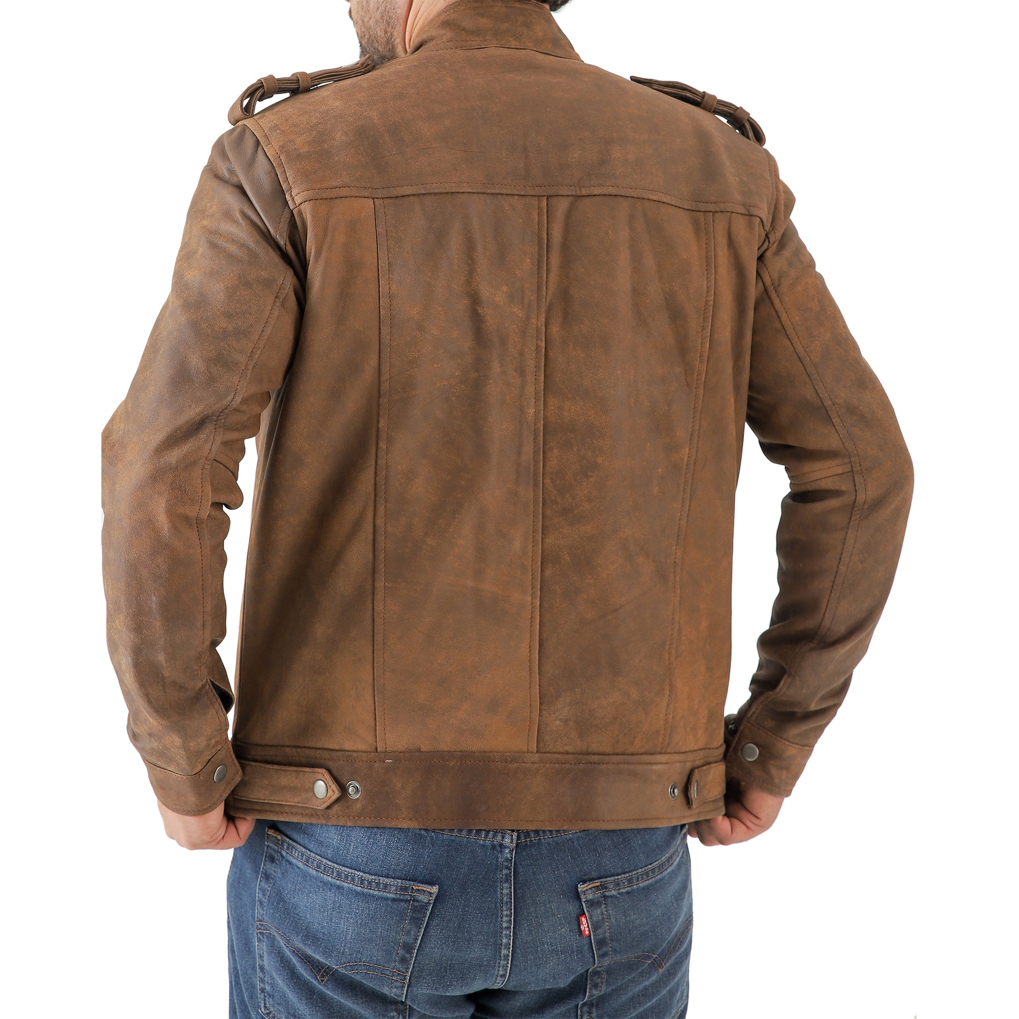 Men’s Leather Biker Jacket – Vintage Shoulder Epaulettes