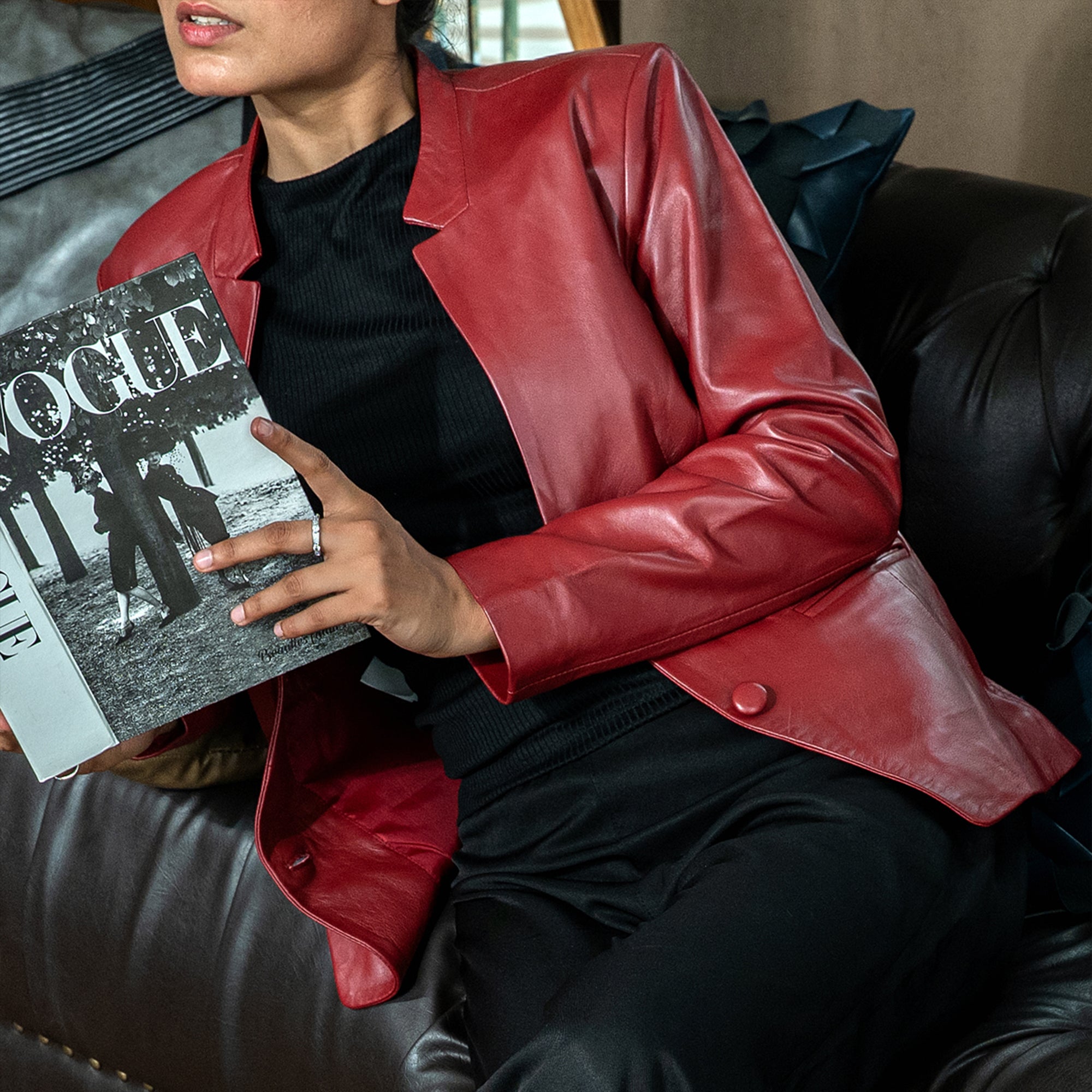 Mandarin Collar Genuine Leather Womens Coat