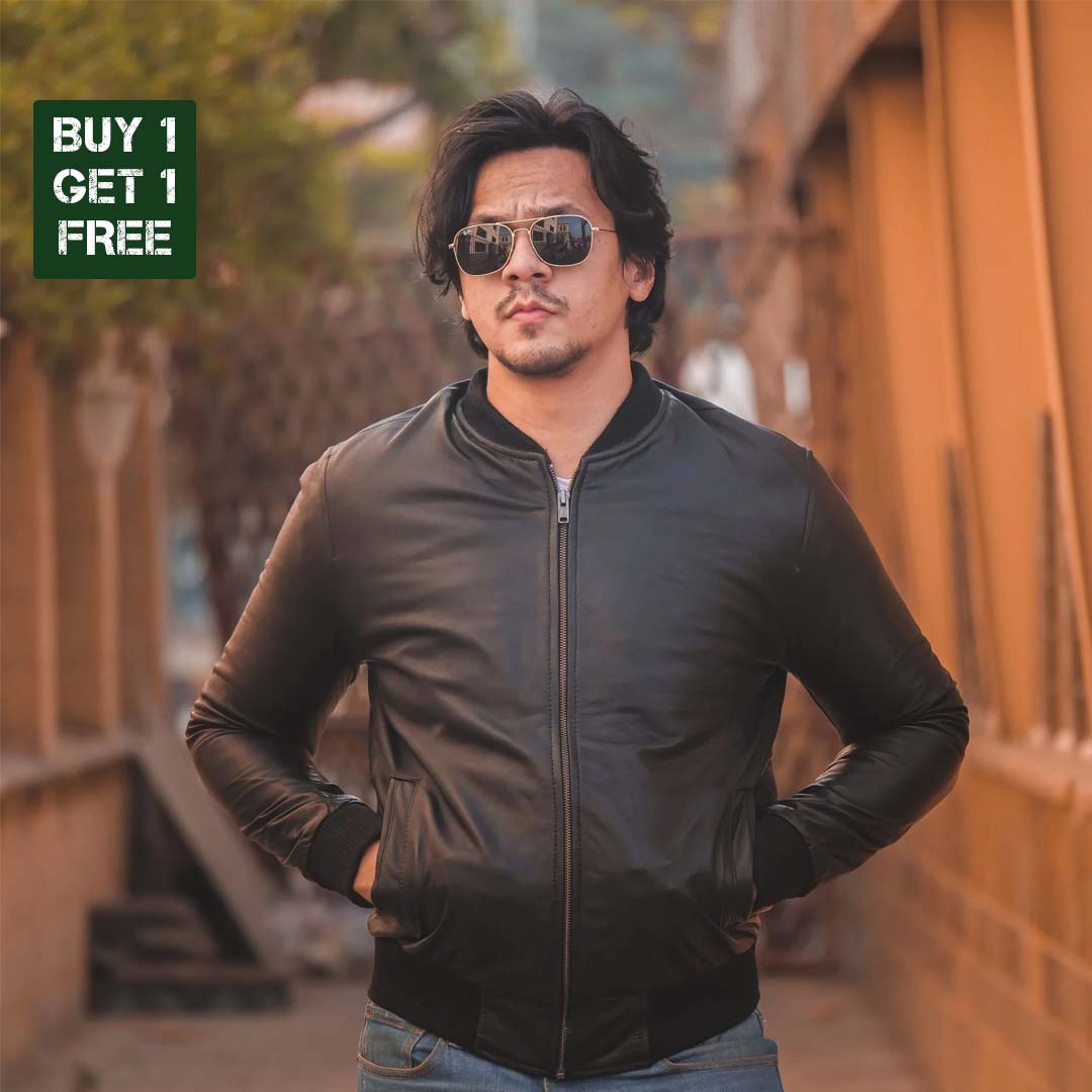 Buy 1 Get 1 Free - Bomber Style Mens Leather Jacket-Black - Azaadi sale