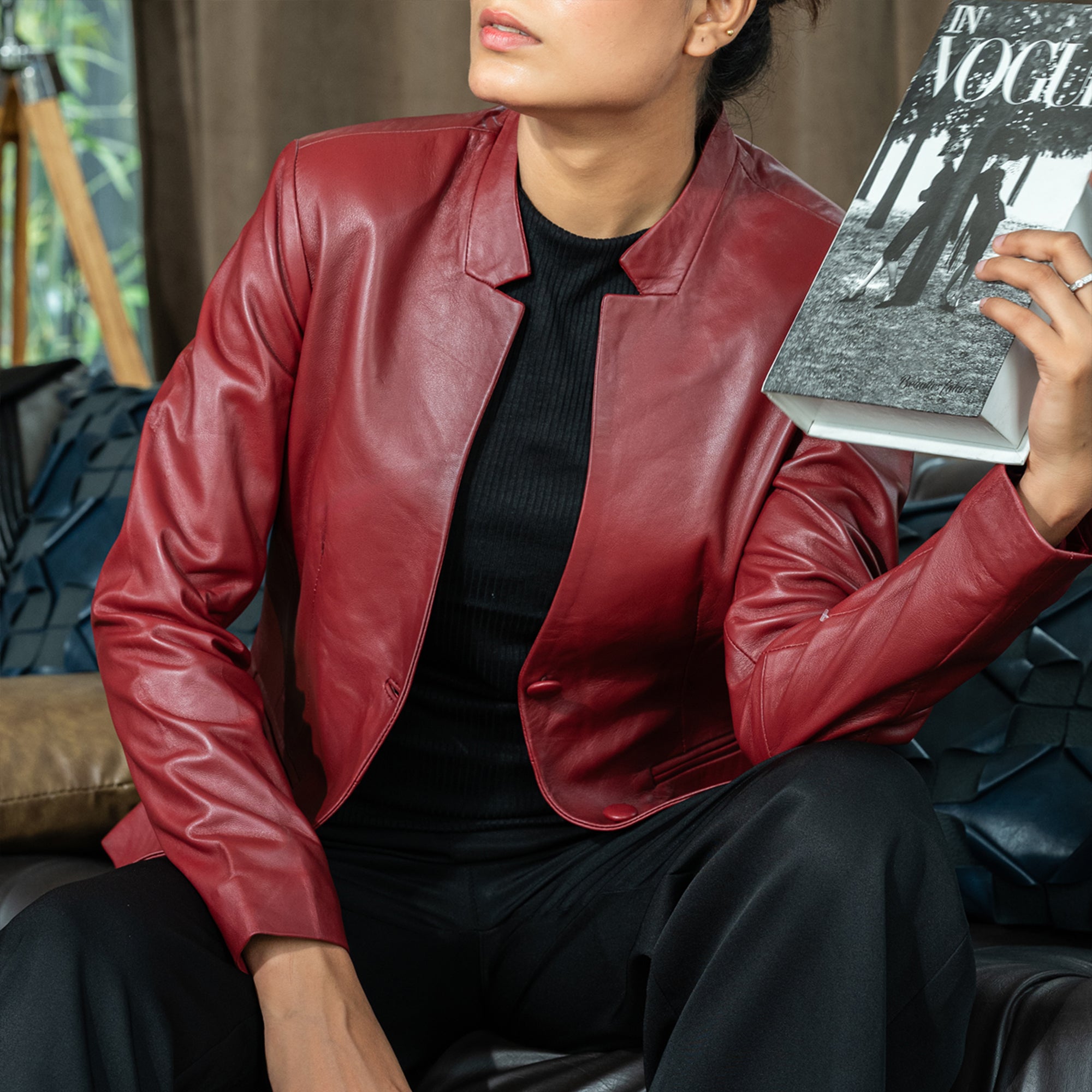 Mandarin Collar Genuine Leather Womens Coat