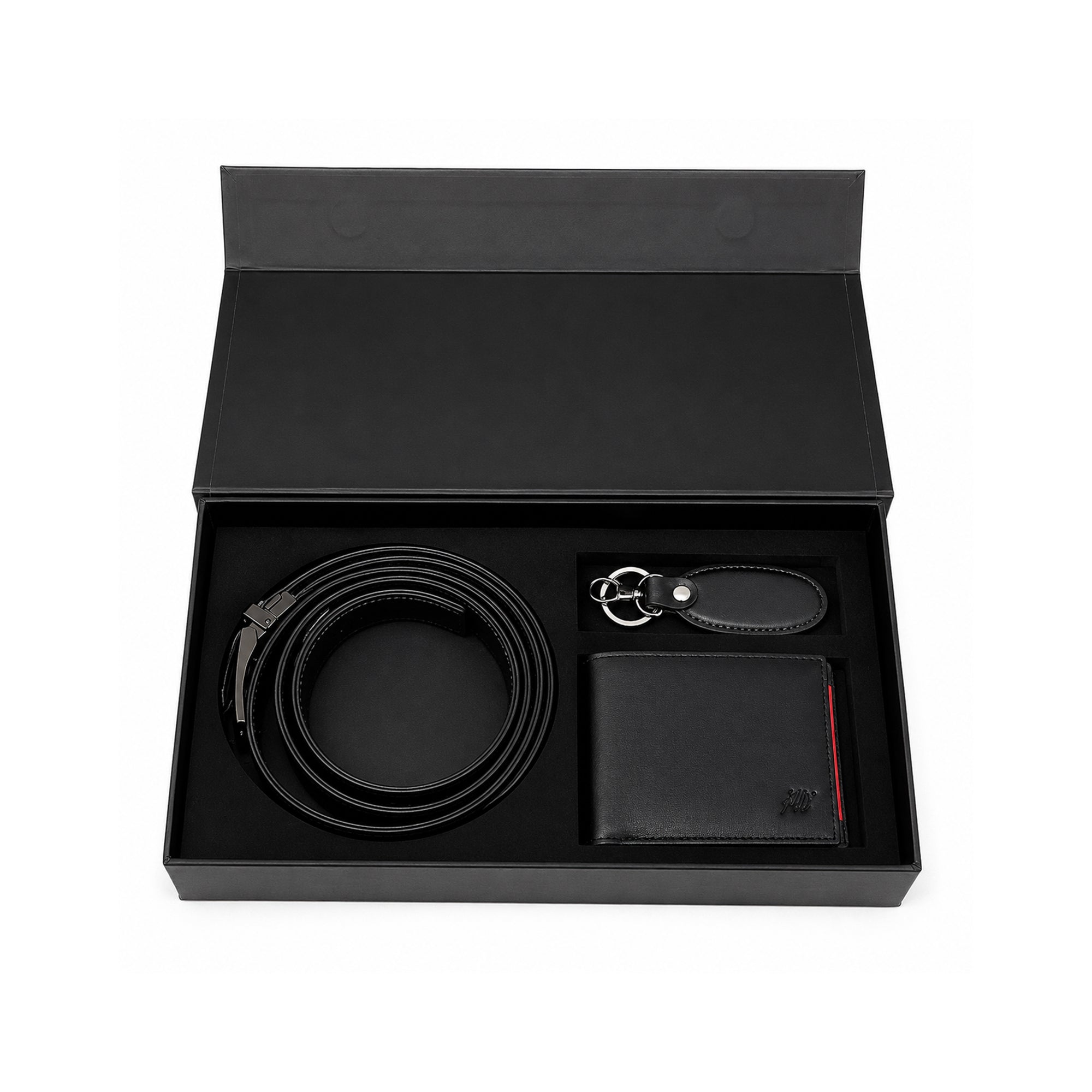 A black leather men's gift set presented in an open black box, including a coiled belt, a bifold wallet, and a keychain with a black leather tag.