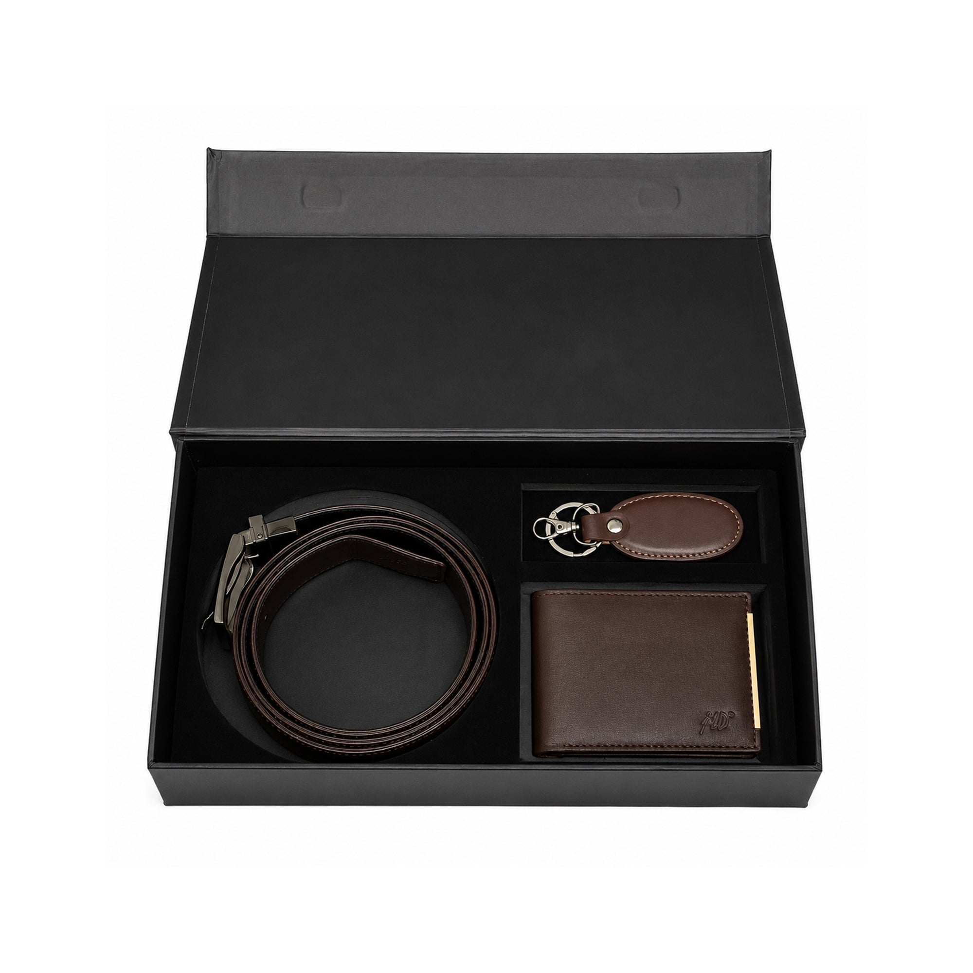 A men's leather gift set in an open black presentation box, featuring a dark brown belt with a silver buckle, a dark brown bifold wallet with gold-tone hardware, and a matching leather keychain.