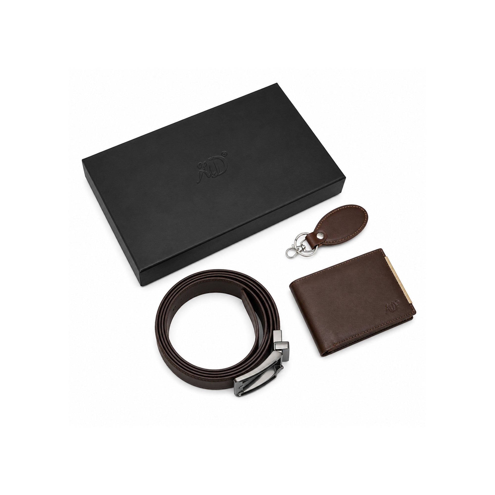 A men's accessory gift set featuring a dark brown leather belt, matching wallet, oval leather keychain, and a black presentation box, all arranged on a clean white background.