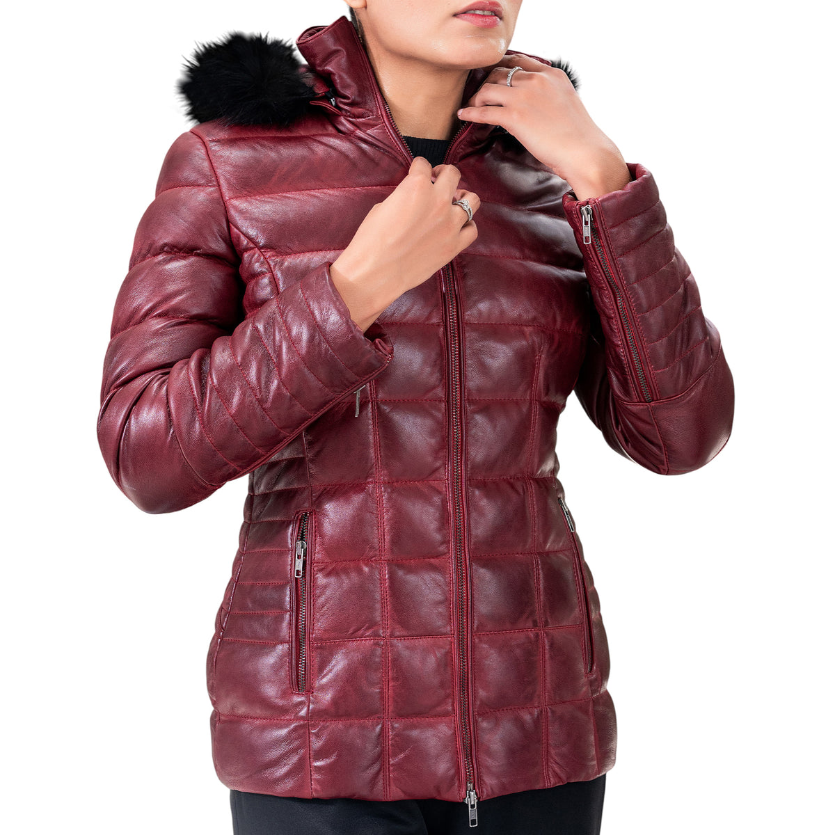 Women's Leather Puffer Jacket