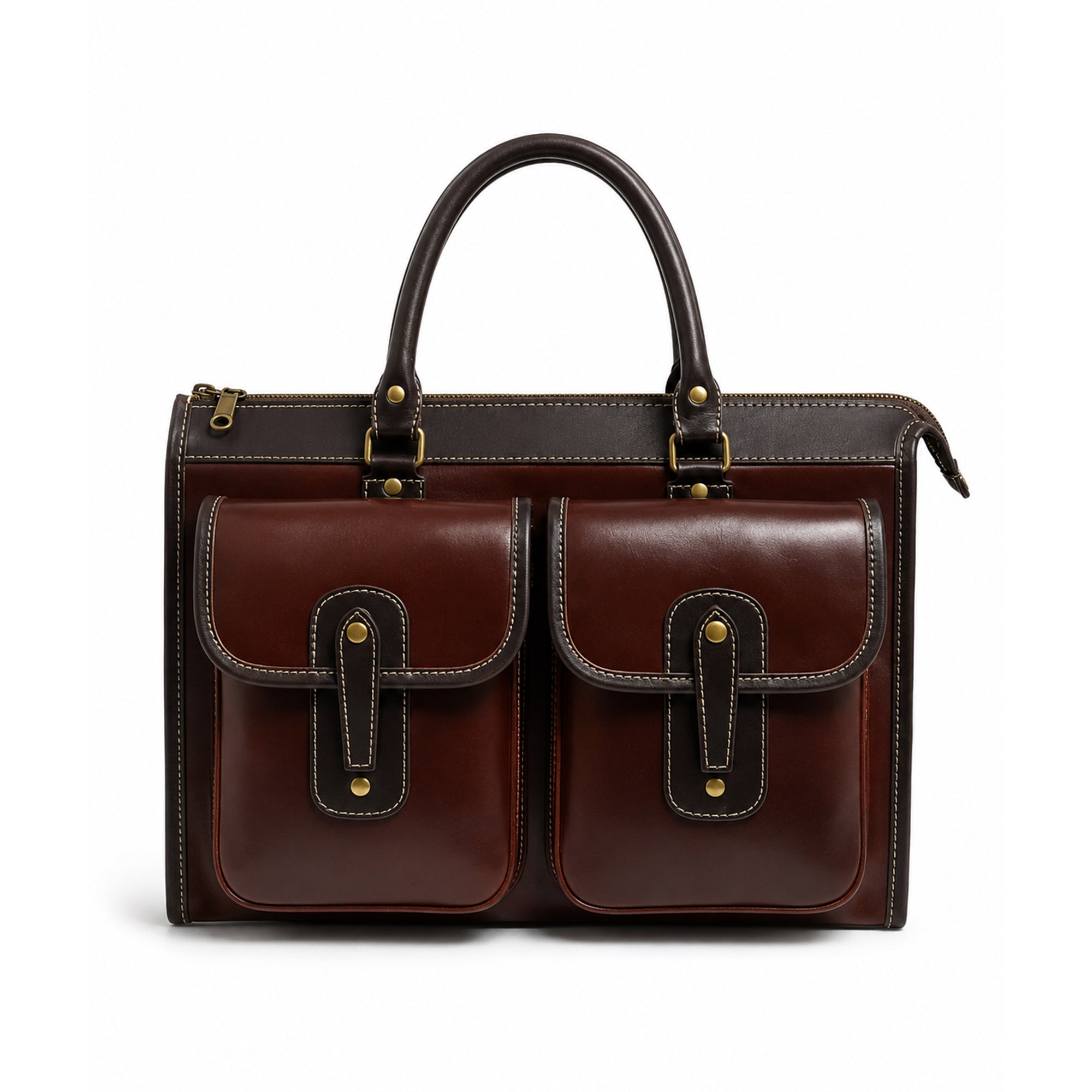 A dark brown leather briefcase with two front flap pockets, gold-tone hardware, and a top handle, photographed on a clean white background.