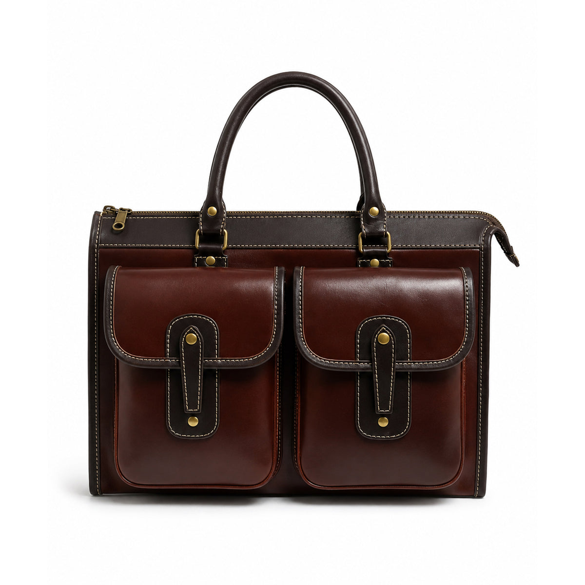 A dark brown leather briefcase with two front flap pockets, gold-tone hardware, and a top handle, photographed on a clean white background.
