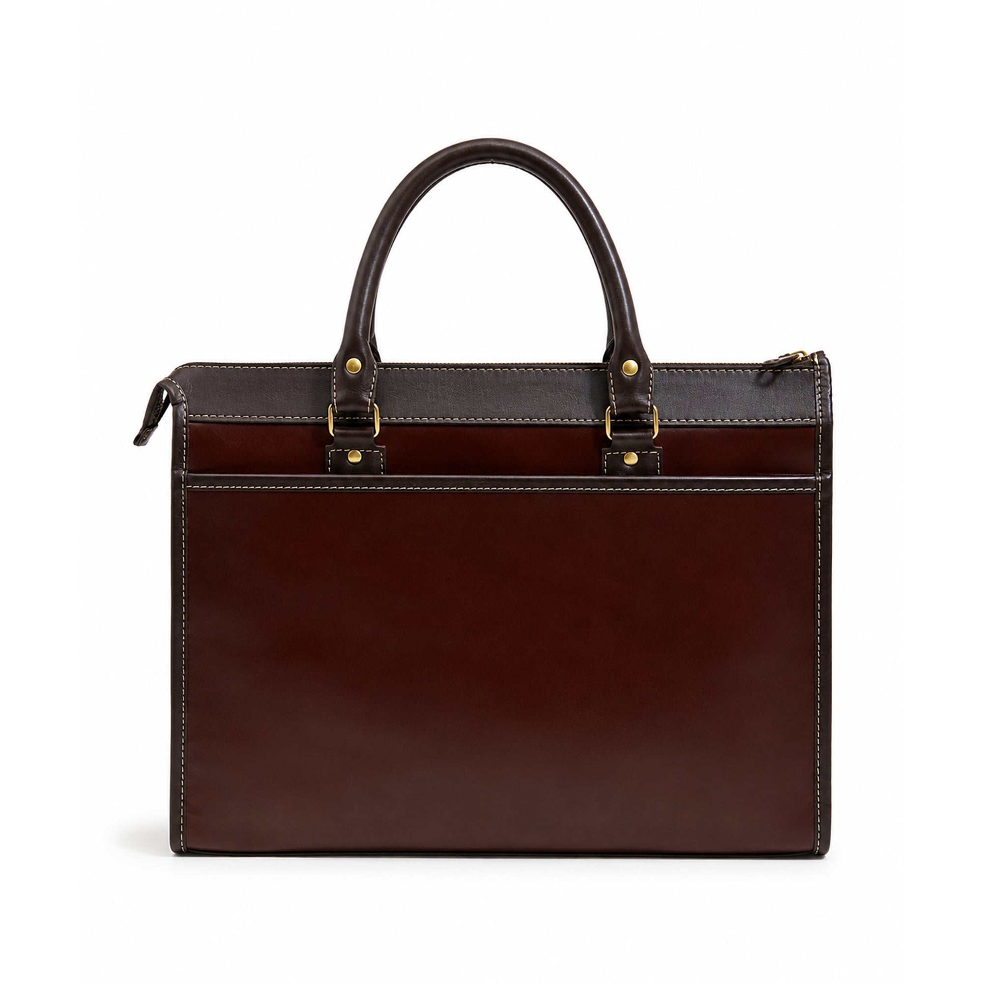 A dark brown leather briefcase with a glossy finish, featuring dual top handles, gold-tone hardware, and a zippered top closure, set against a plain white background.
