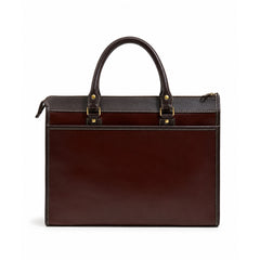 A dark brown leather briefcase with a glossy finish, featuring dual top handles, gold-tone hardware, and a zippered top closure, set against a plain white background.