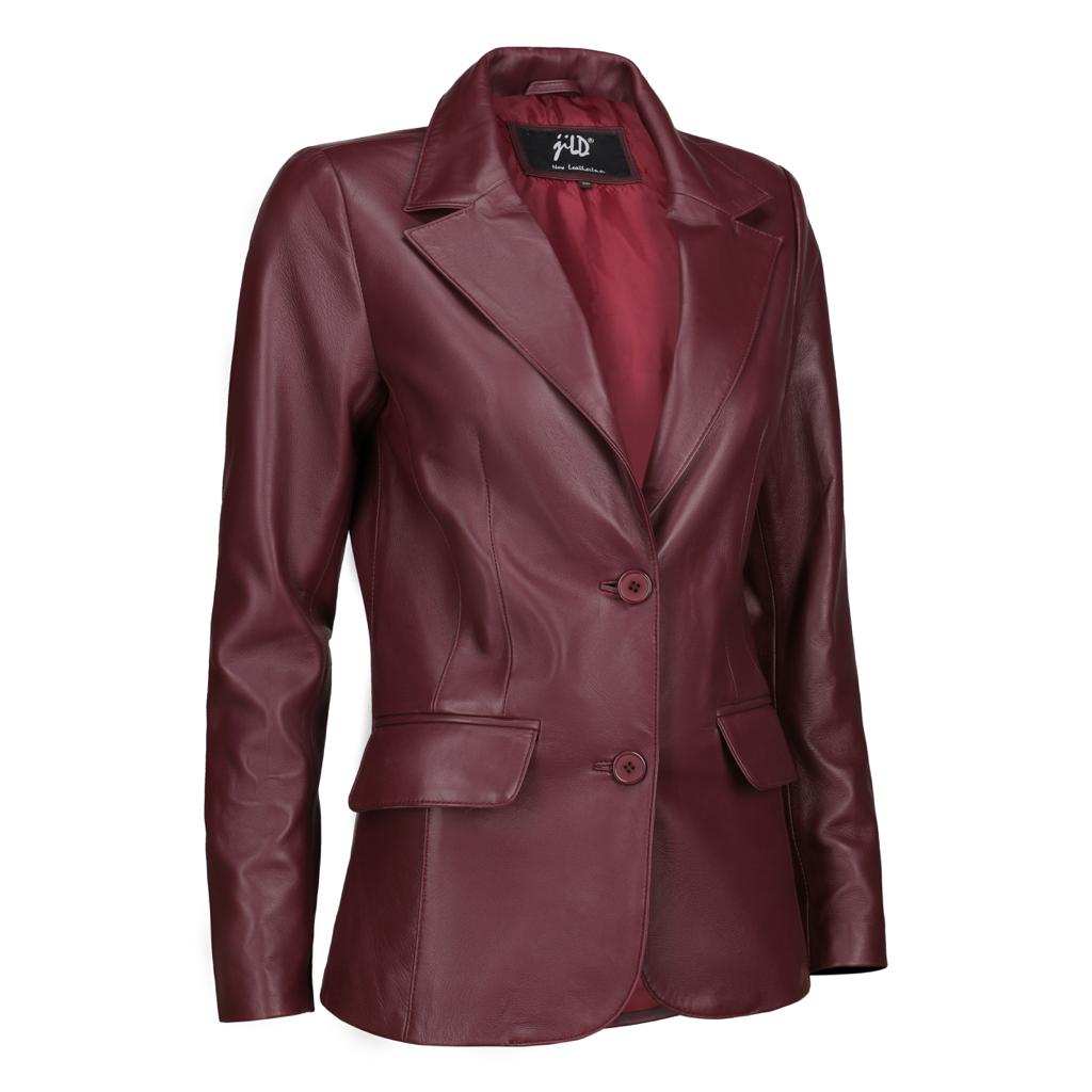 Classic 2-Button Lambskin Leather Blazer Women-Burgundy