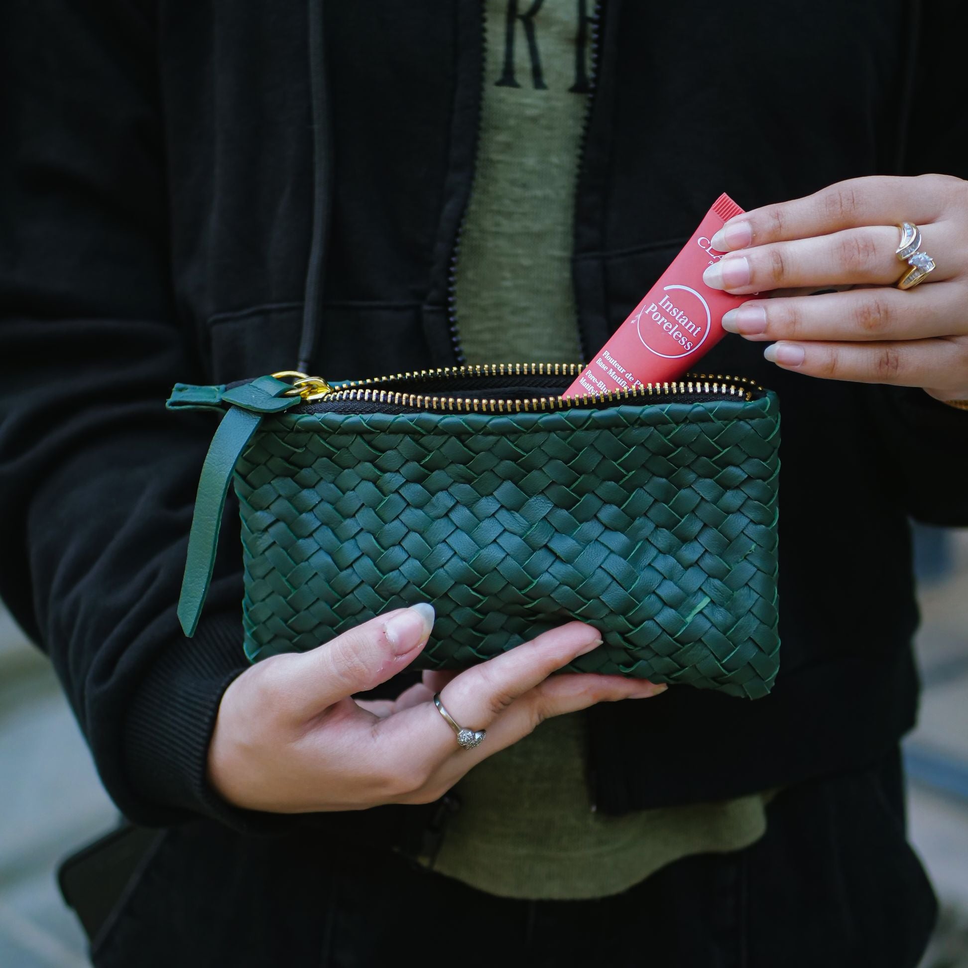 Coffer Mini Handwoven Leather Zipper Clutch-Green